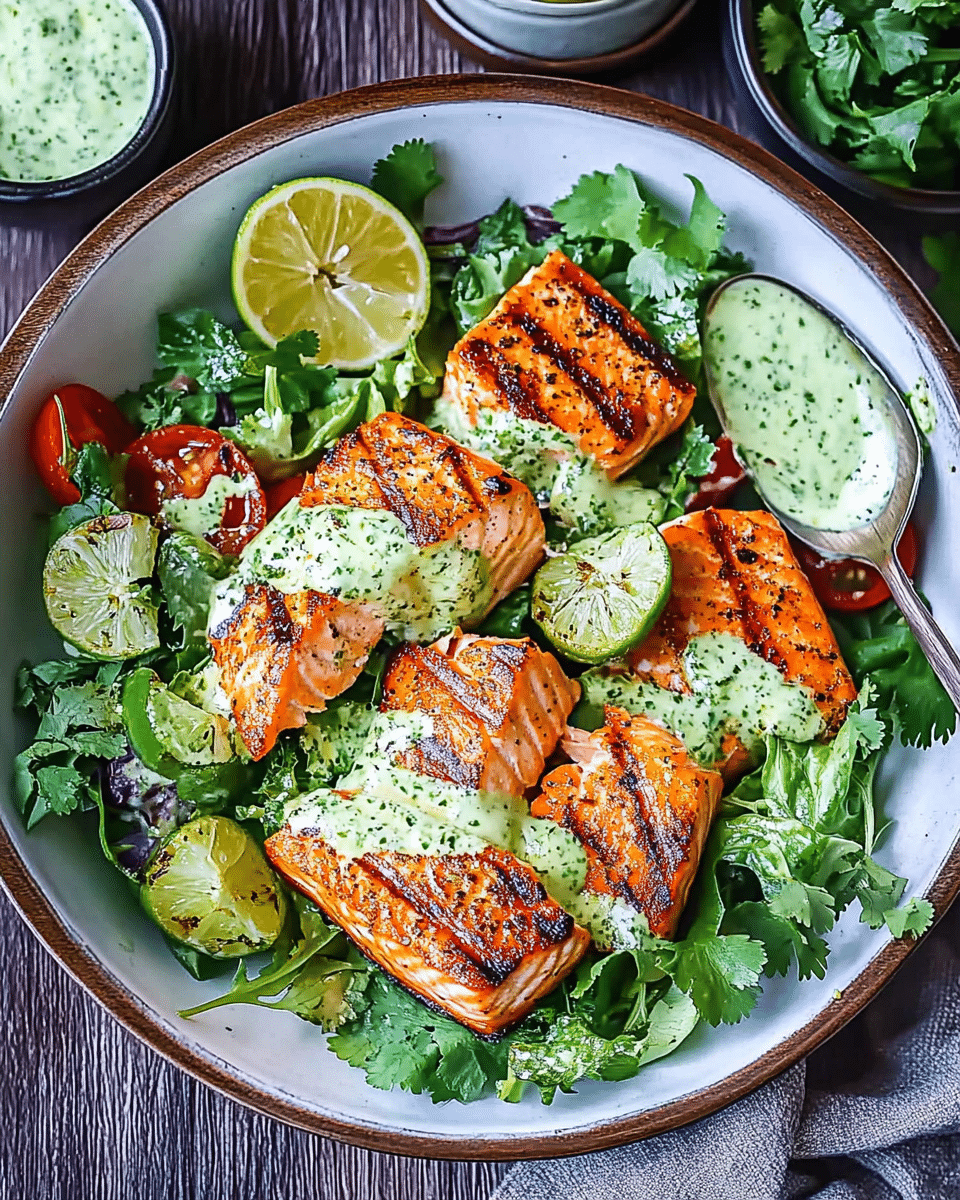 Grilled Salmon Salad with Creamy Cilantro Lime Dressing