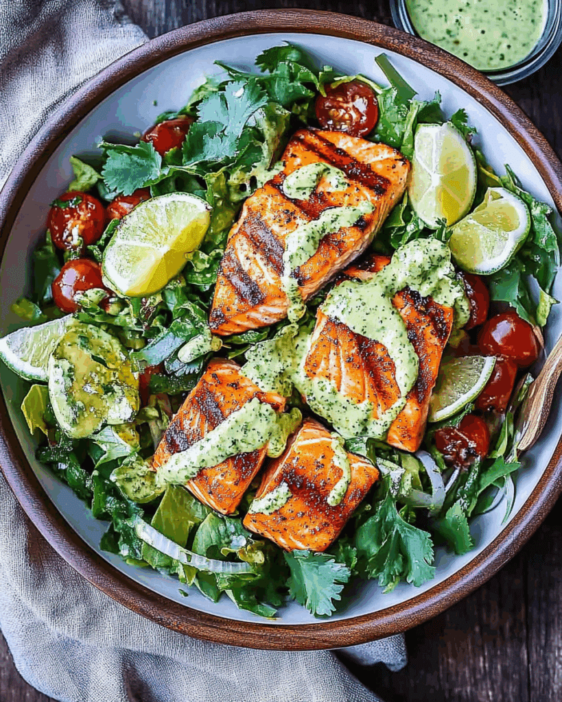 Grilled Salmon Salad with Creamy Cilantro Lime Dressing