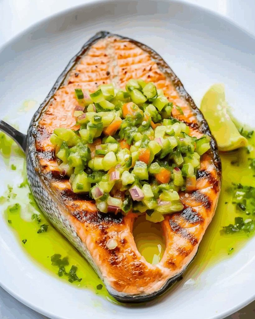 Grilled Salmon Steaks with Citrusy Jalapeño Salsa