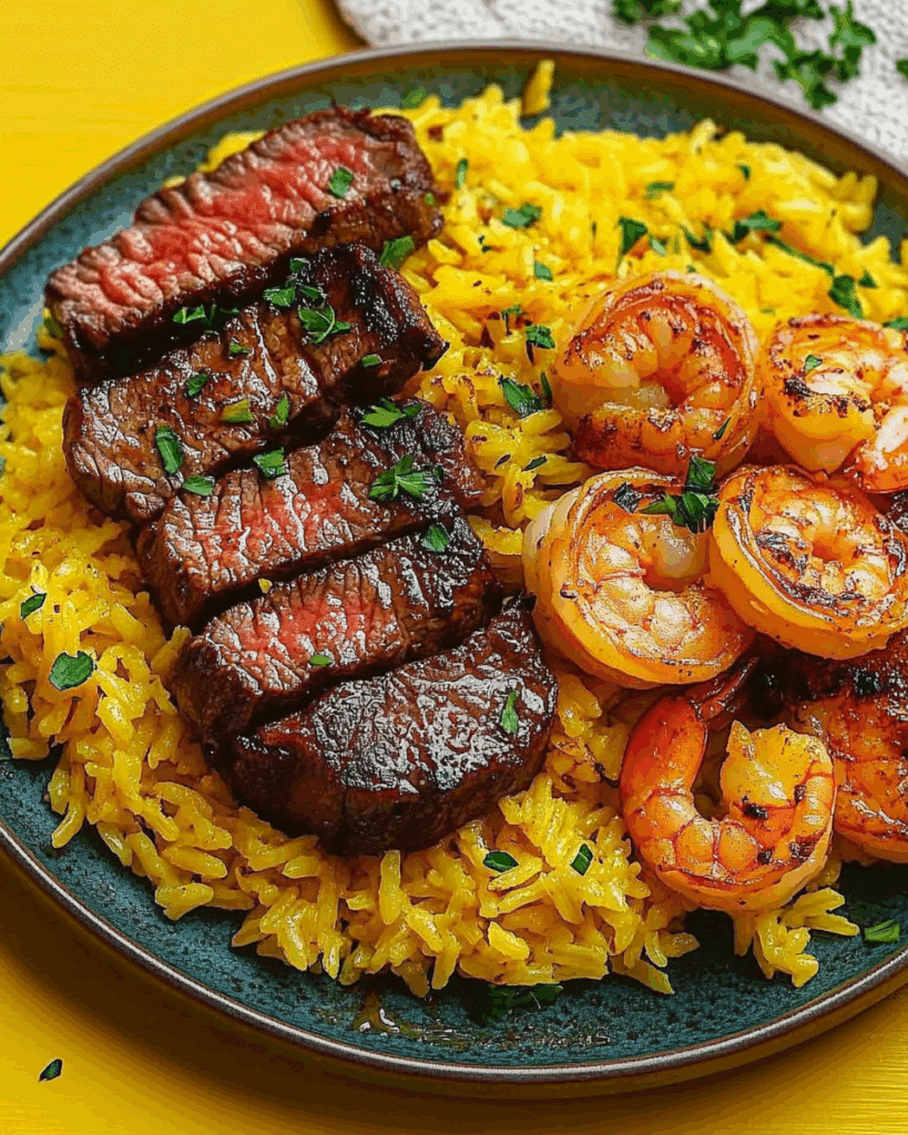 Honey Garlic Steak & Shrimp over Yellow Rice