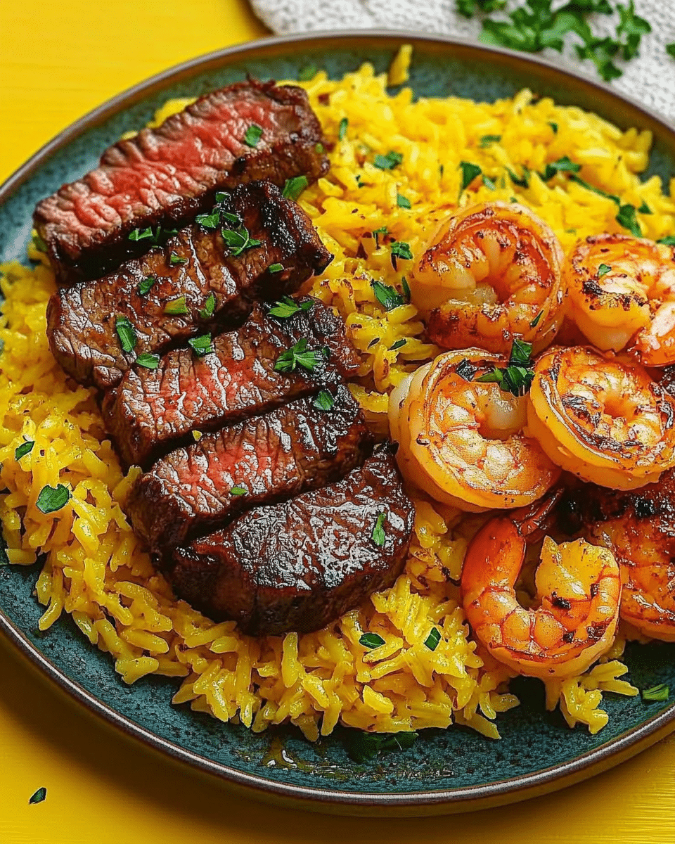 Honey Garlic Steak & Shrimp over Yellow Rice
