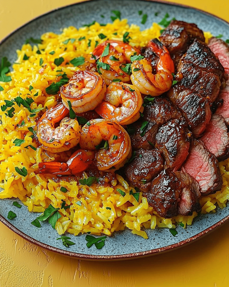 Honey Garlic Steak & Shrimp over Yellow Rice