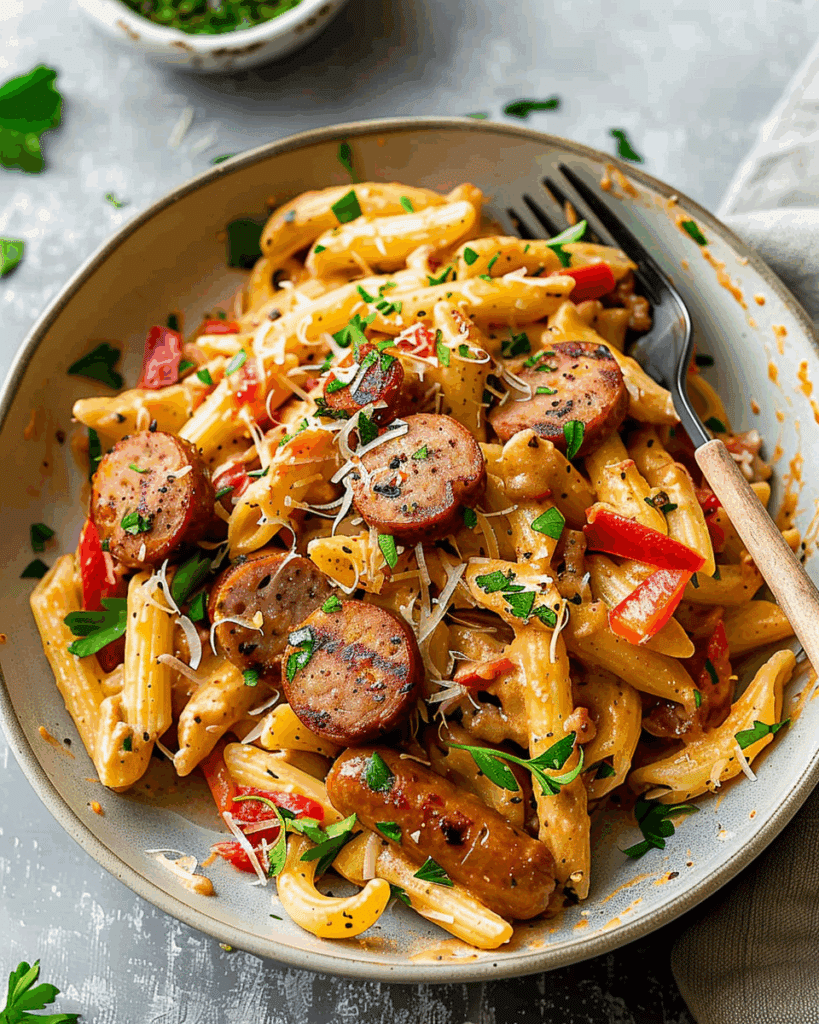 One Pot Creamy Cajun Beef Sausage Pasta