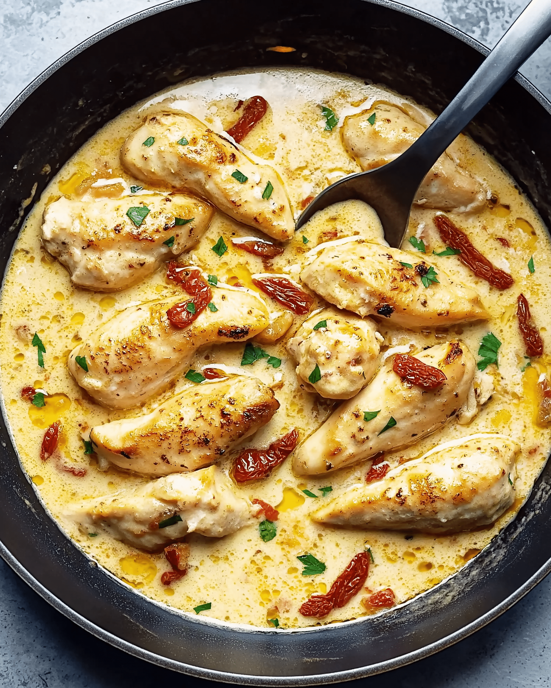 Skillet Creamy Chicken with Garlic Mozzarella Sun-Dried Tomato