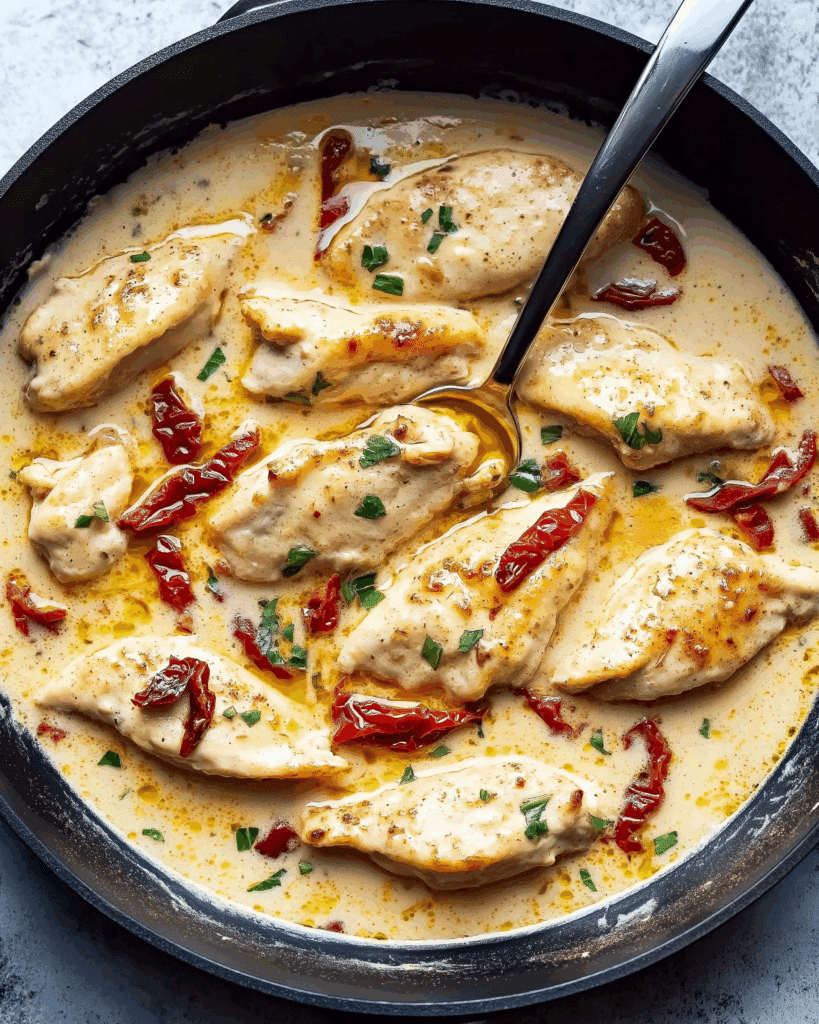 Skillet Creamy Chicken with Garlic Mozzarella Sun-Dried Tomato