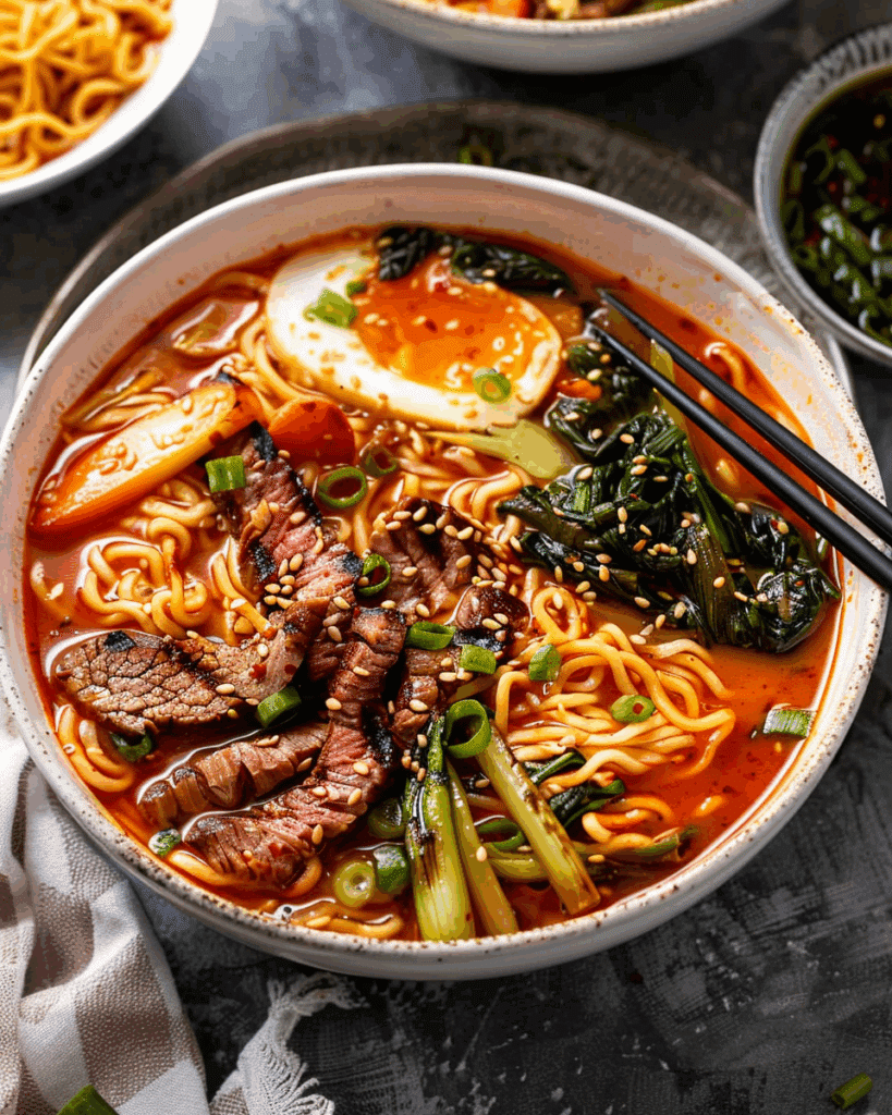 Spicy Korean Ramen with Grilled Beef & Creamy Sauce