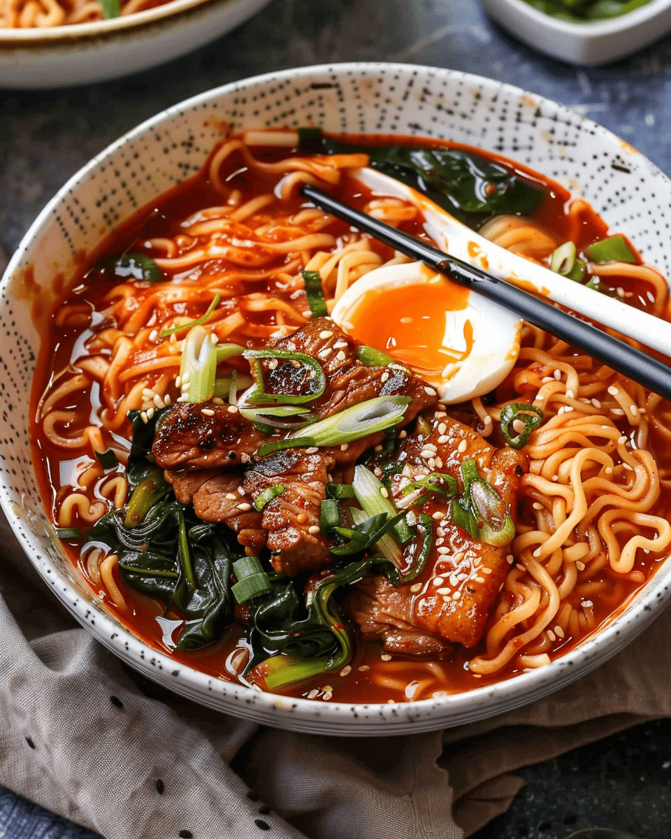 Spicy Korean Ramen with Grilled Beef & Creamy Sauce