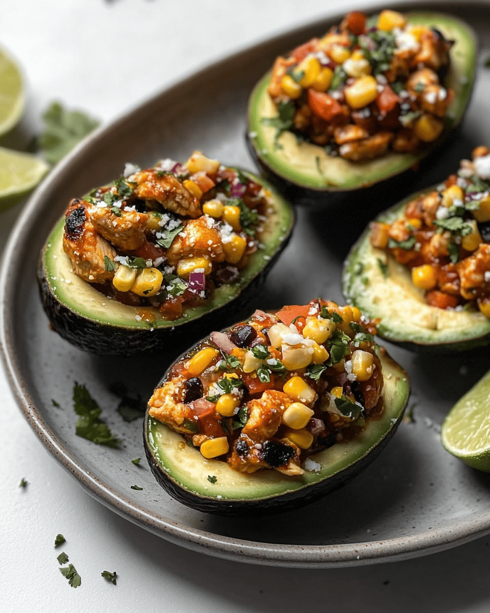 Honey Lime Chicken Stuffed Avocados with Corn Salsa