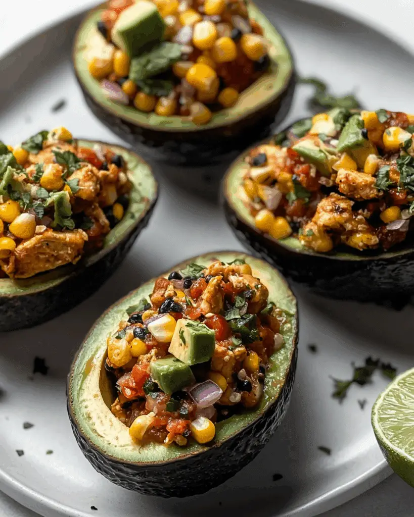 Honey Lime Chicken Stuffed Avocados with Corn Salsa