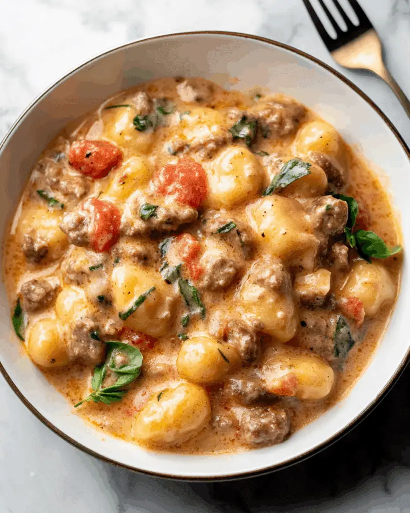 One Pan Creamy Gnocchi with Beef Sausage