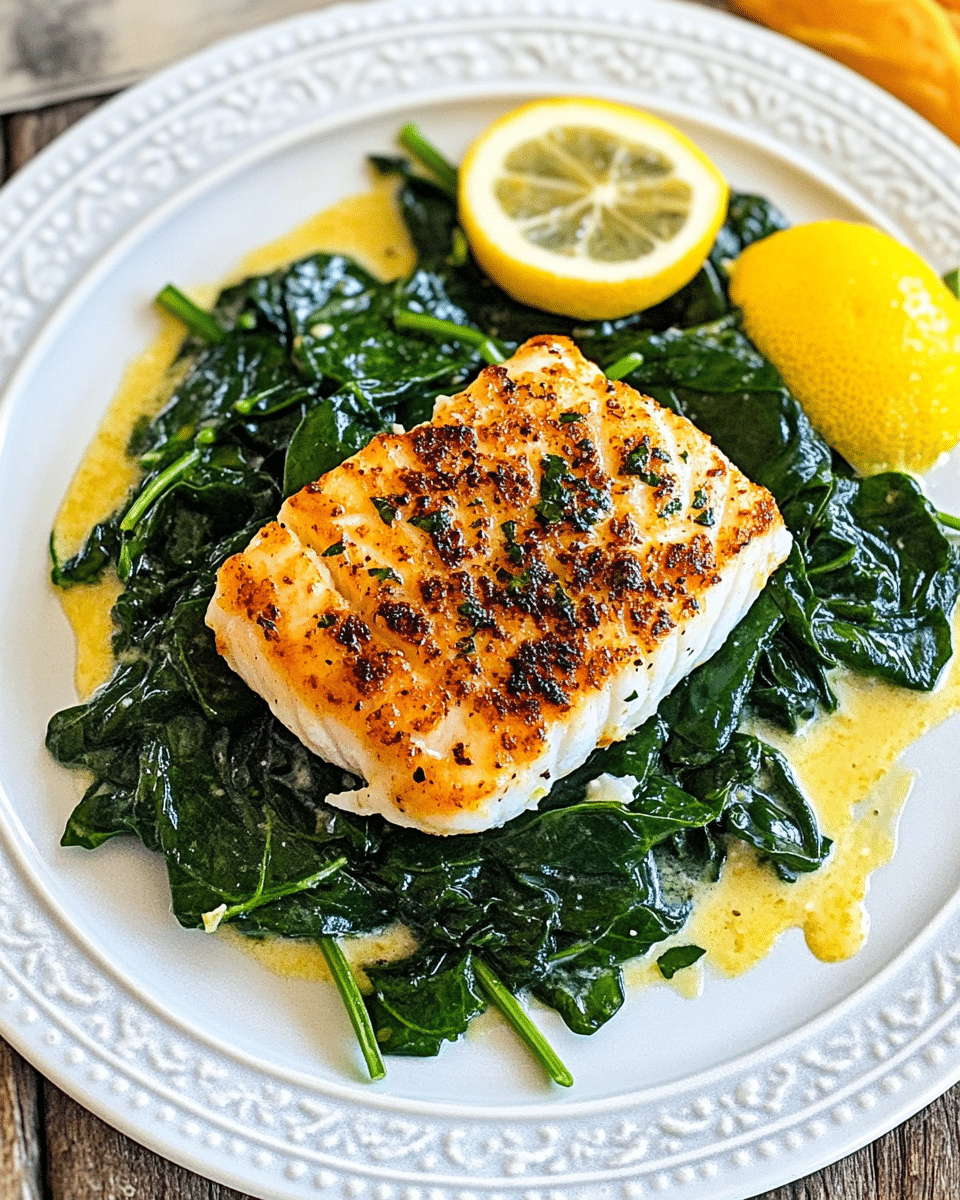Pan-Seared Cod with Garlic Cream Sauce over Sautéed Spinach