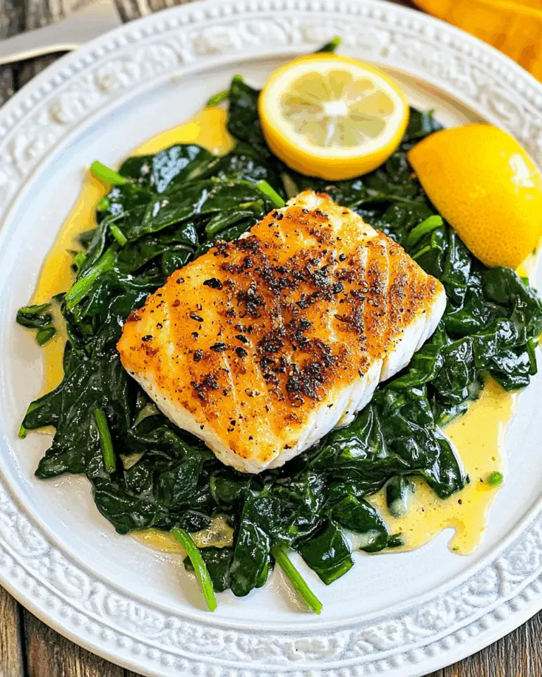 Pan-Seared Cod with Garlic Cream Sauce over Sautéed Spinach