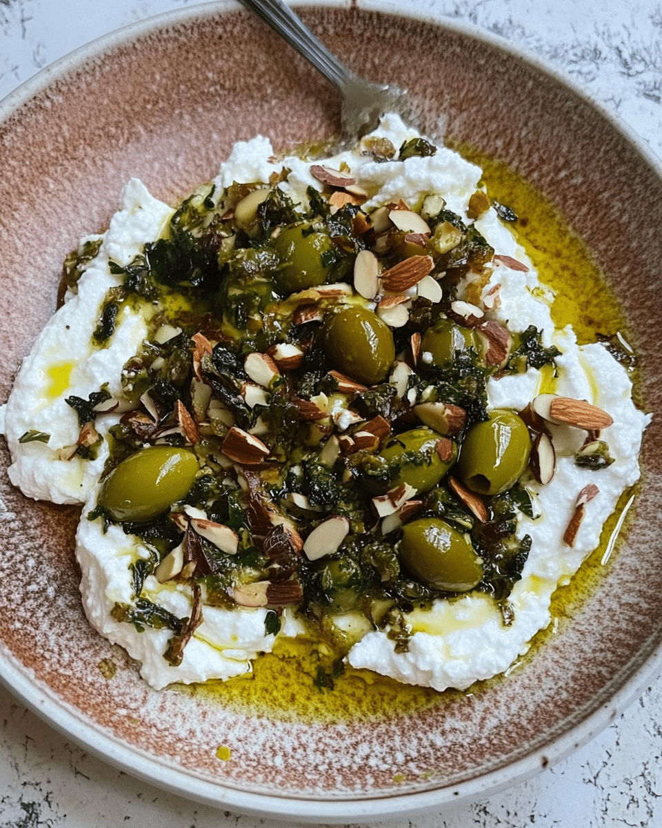 Ricotta With Crushed Olives, Almonds & Lemon
