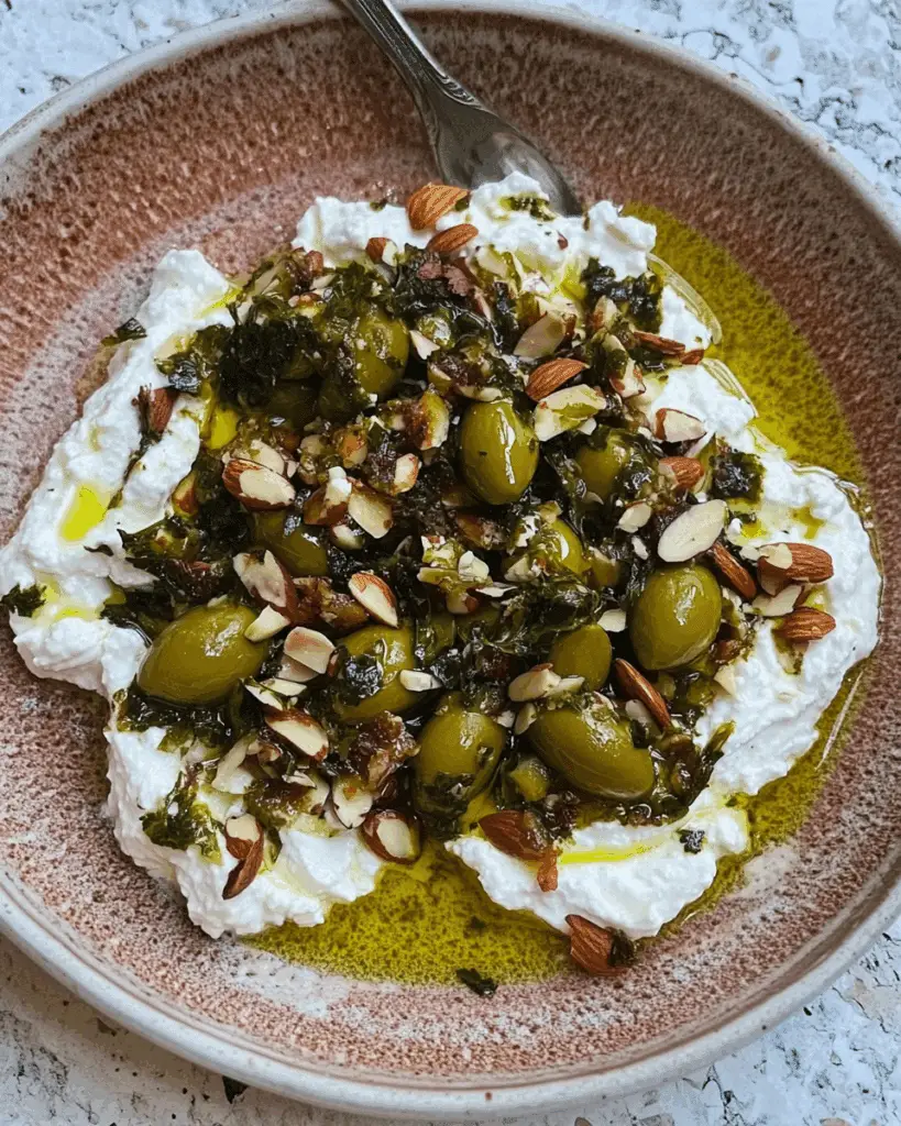 Ricotta With Crushed Olives, Almonds & Lemon