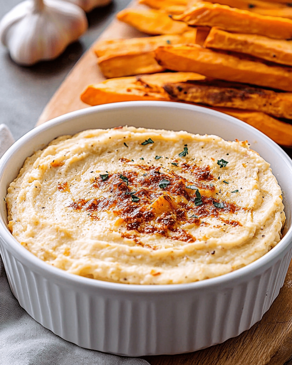 Roasted Garlic Dip & Sweet Potato Wedges