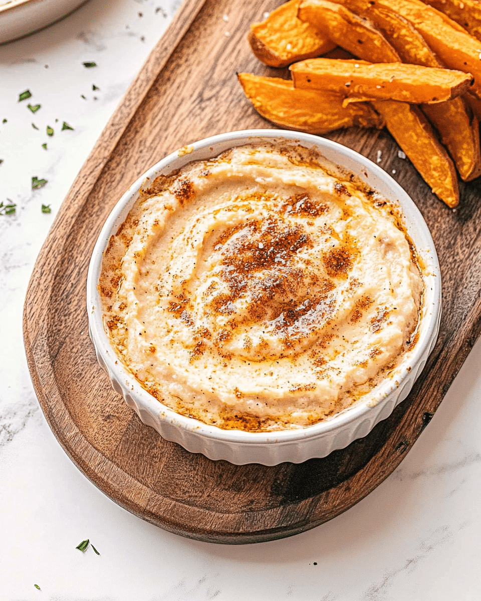 Roasted Garlic Dip & Sweet Potato Wedges