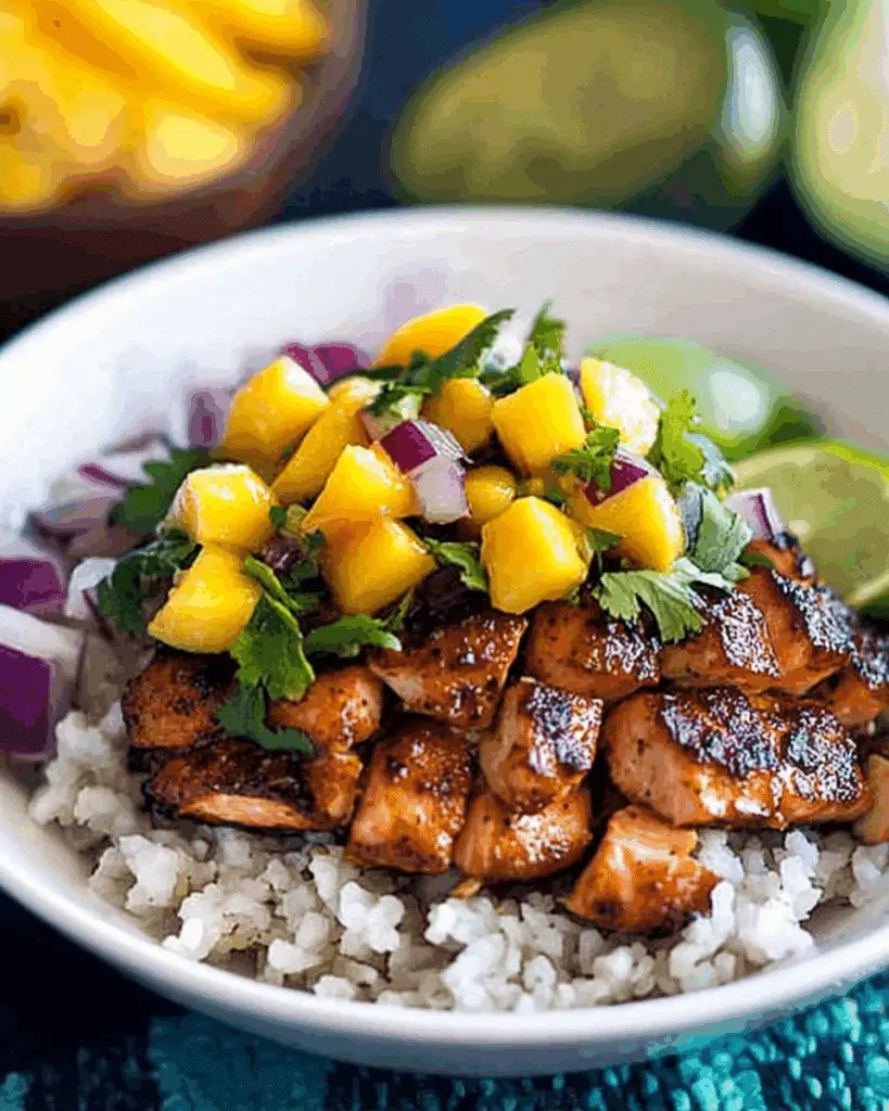 Caribbean Jerk Salmon Bowl with Mango Salsa