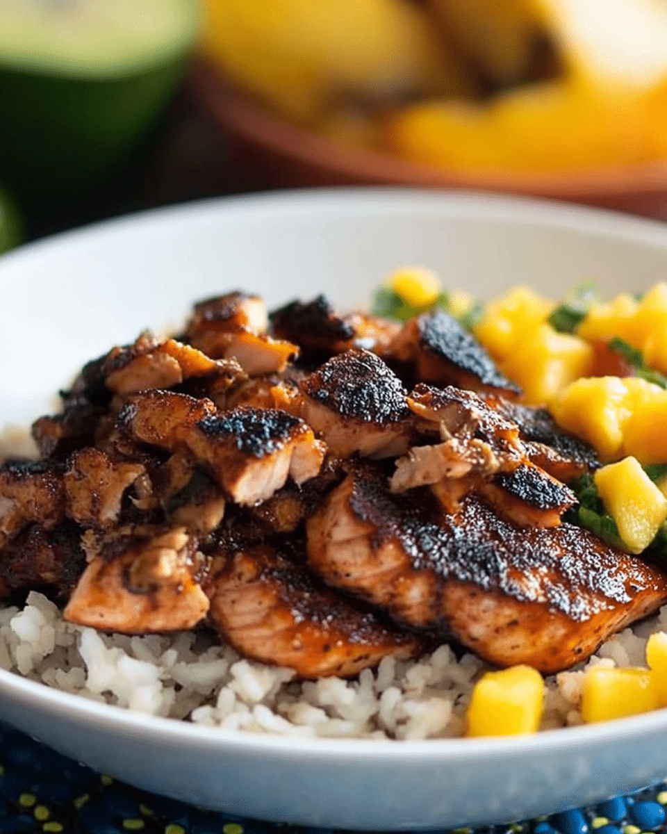 Caribbean Jerk Salmon Bowl with Mango Salsa
