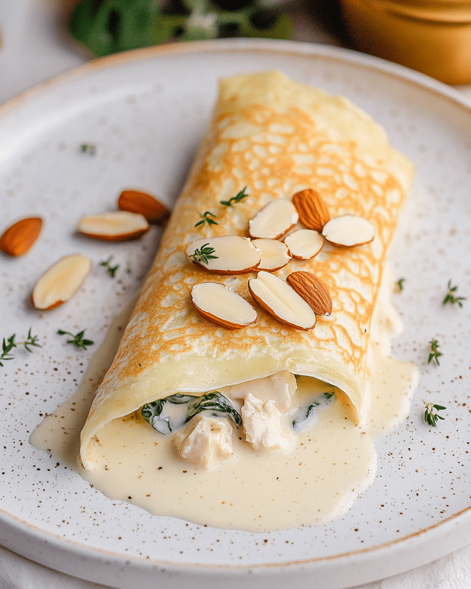 Spinach and Chicken Crepes with White Cream Sauce