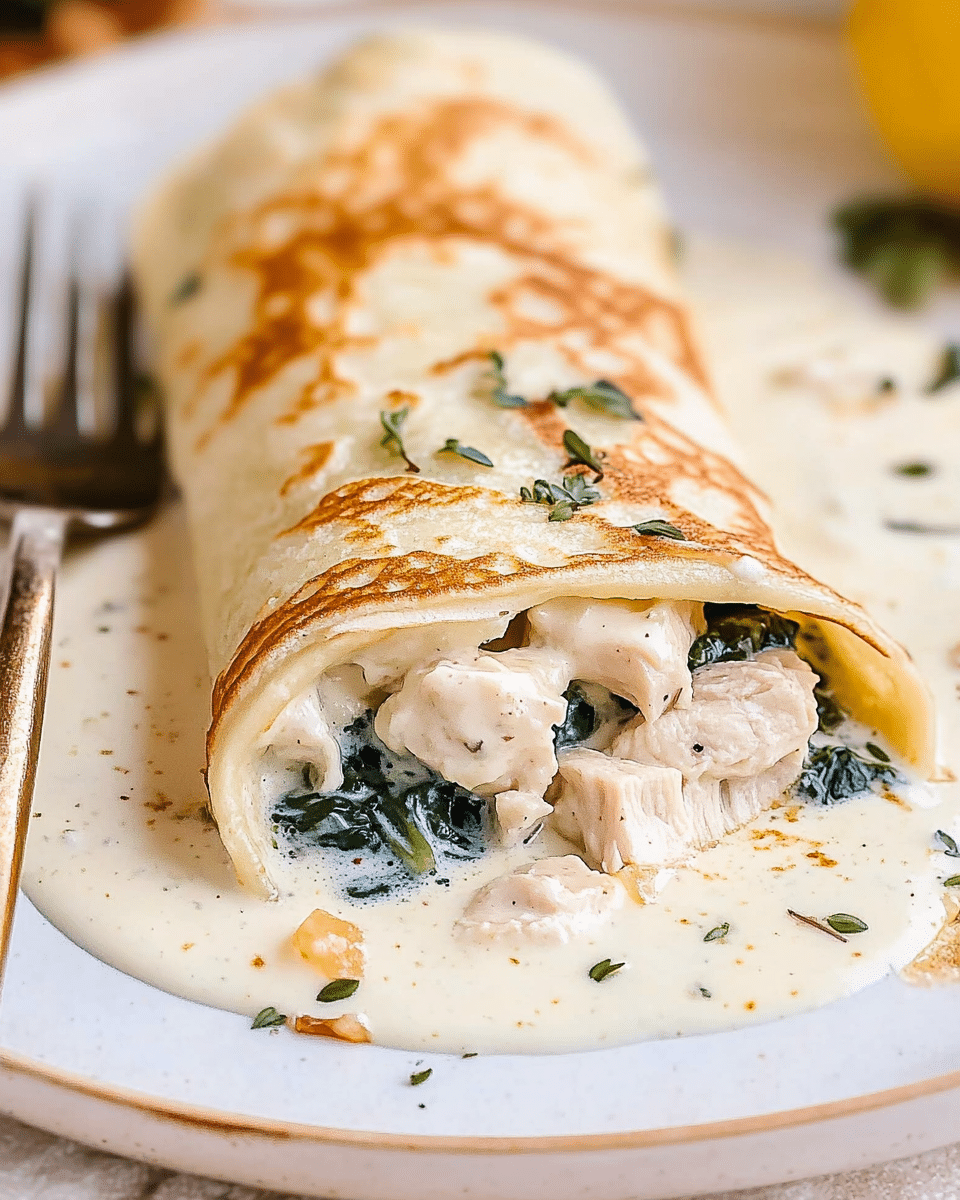 Spinach and Chicken Crepes with White Cream Sauce