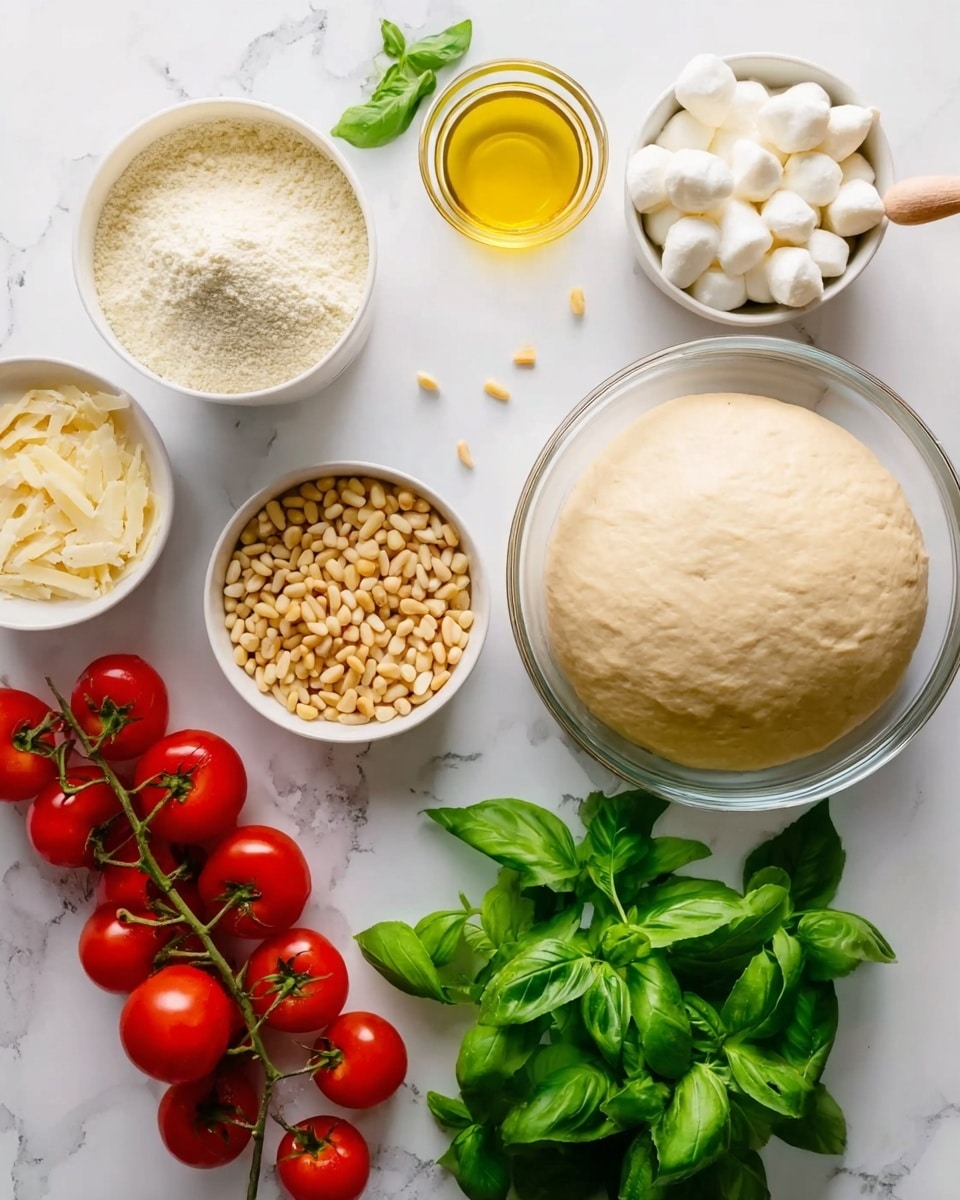 The image shows ingredients arranged on a white marbled surface. In the center right, there is a clear glass bowl filled with risen dough that looks soft and smooth, pale beige in color. To the top right, a white bowl holds small mozzarella balls, pure white and shiny. Next to it, a small clear glass container contains light golden olive oil. Towards the bottom right and left are fresh bright green basil leaves spread out. At the bottom left corner, there are vibrant red cherry tomatoes still on the vine. To the left of the dough, a small white bowl holds grated pale yellow Parmesan cheese, fluffy in texture. Above it, another white bowl has a pile of small, pale yellow pine nuts. A single garlic clove rests near the pine nuts. At the top left, a white container with a creamy beige powder and a wooden spoon inside is visible. A woman's hand touches some basil leaves near the dough. photo taken with an iphone --ar 4:5 --v 7