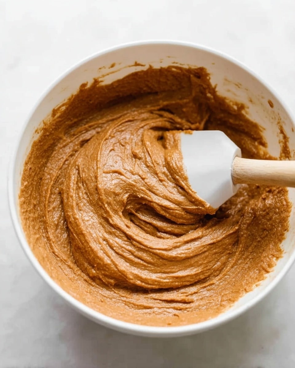 The image shows a close-up of a thick, smooth, brown batter or paste with a slightly grainy texture being mixed in a white bowl. The batter has a rich, warm color with swirls and folds created by a white spatula with a light wooden handle that is stirring the mixture. The white bowl sits on a white marbled surface with a soft, natural light brightening the scene, highlighting the texture of the batter and the clean look of the setup. photo taken with an iphone --ar 4:5 --v 7