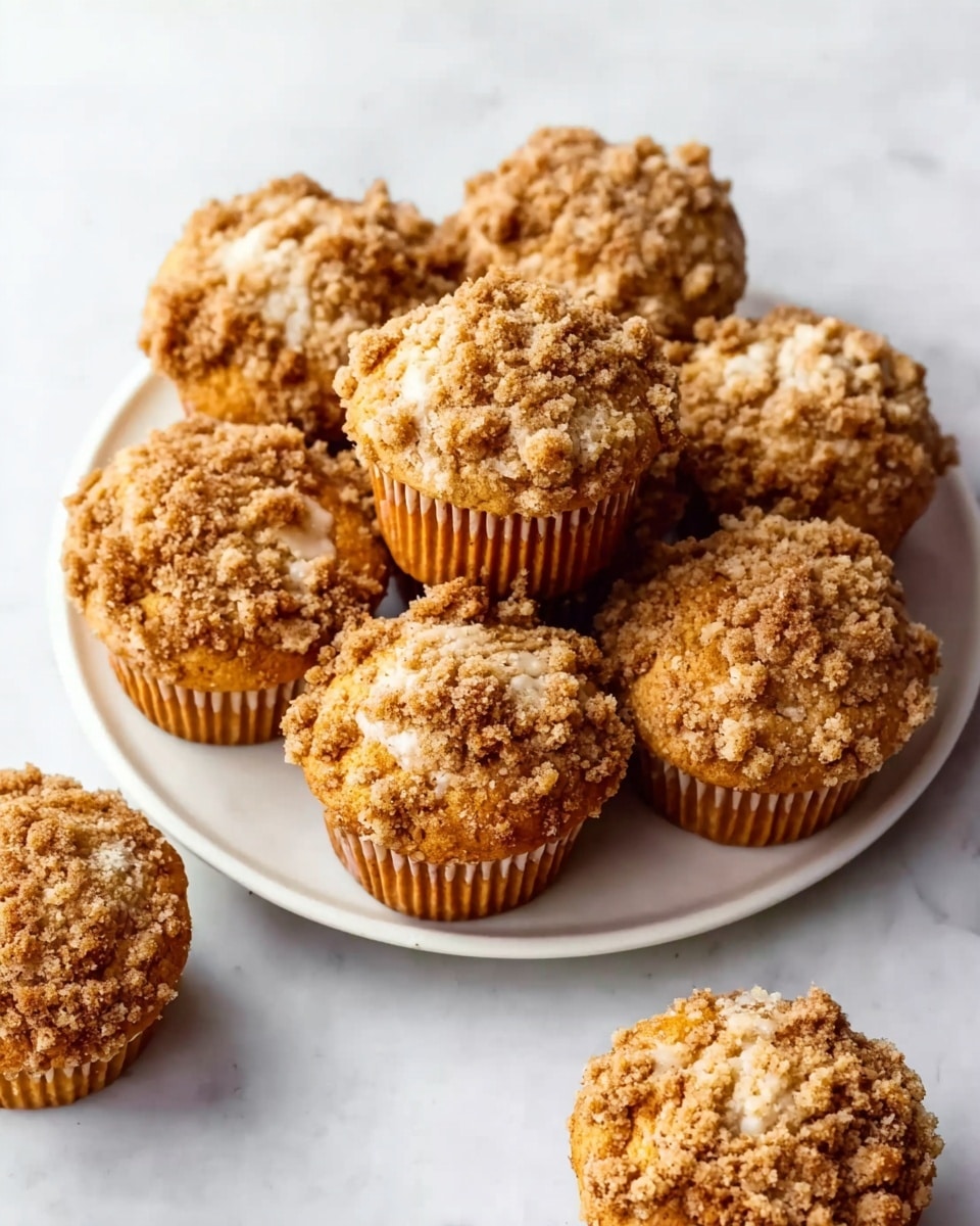 A white round plate filled with nine muffins arranged in a close circle, each muffin topped with a crumbly streusel layer that is golden brown and slightly textured with small chunks. The muffins have a light golden color underneath the streusel and appear soft and moist. Three additional muffins are seen lying on a white marbled surface around the plate, casting soft shadows. The whole scene is bright with even lighting, capturing the crumbly texture on top and smooth muffin sides clearly, photo taken with an iphone --ar 4:5 --v 7