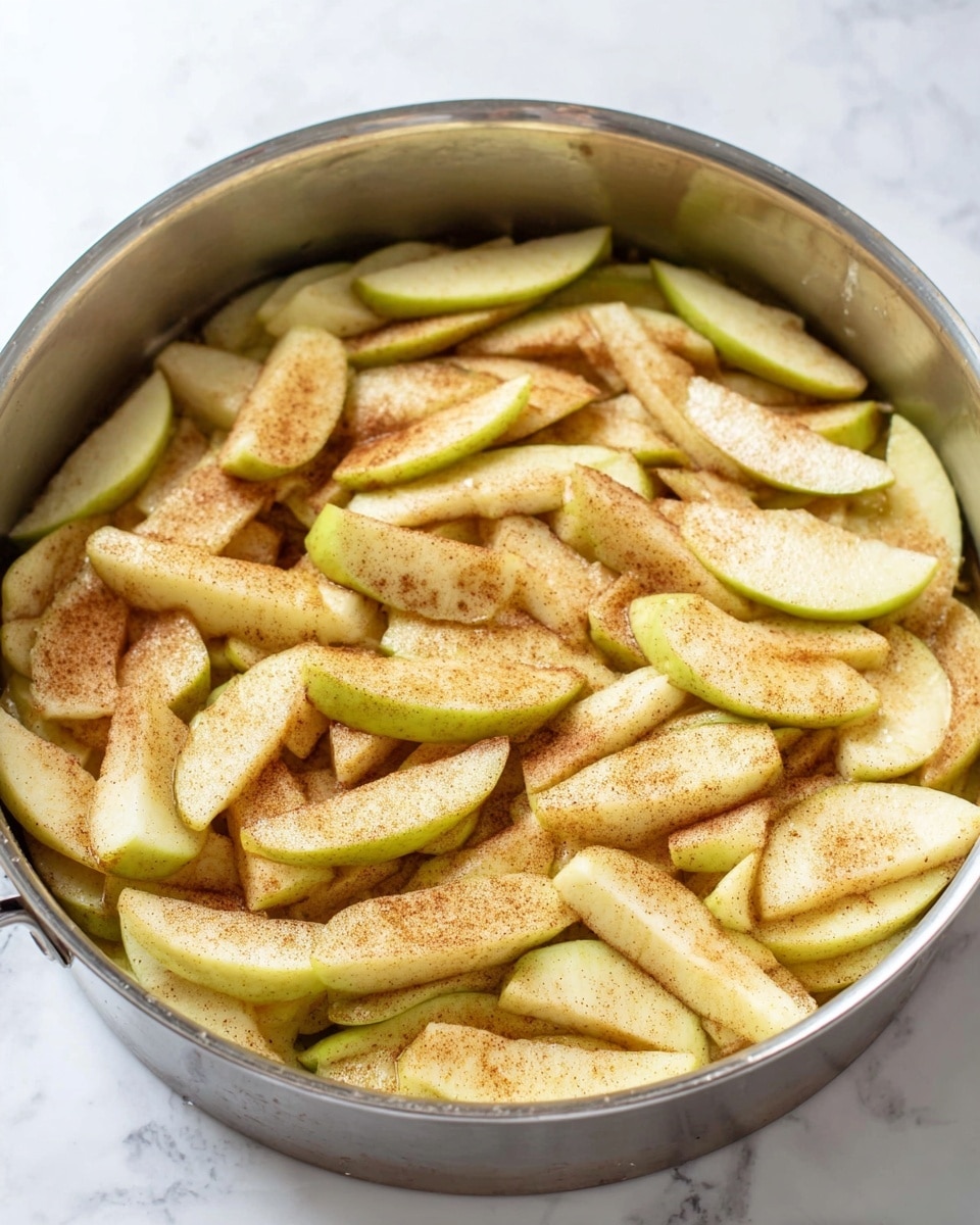 The image shows a large silver pan filled with thinly sliced apple wedges. The apple slices are light yellow to pale green in color and are sprinkled evenly with a brown spice, likely cinnamon, giving them a slightly dusty texture. The slices are spread inside the pan in a single thick layer, filling it almost to the top. The pan is sitting on a white marbled surface. Photo taken with an iphone --ar 4:5 --v 7