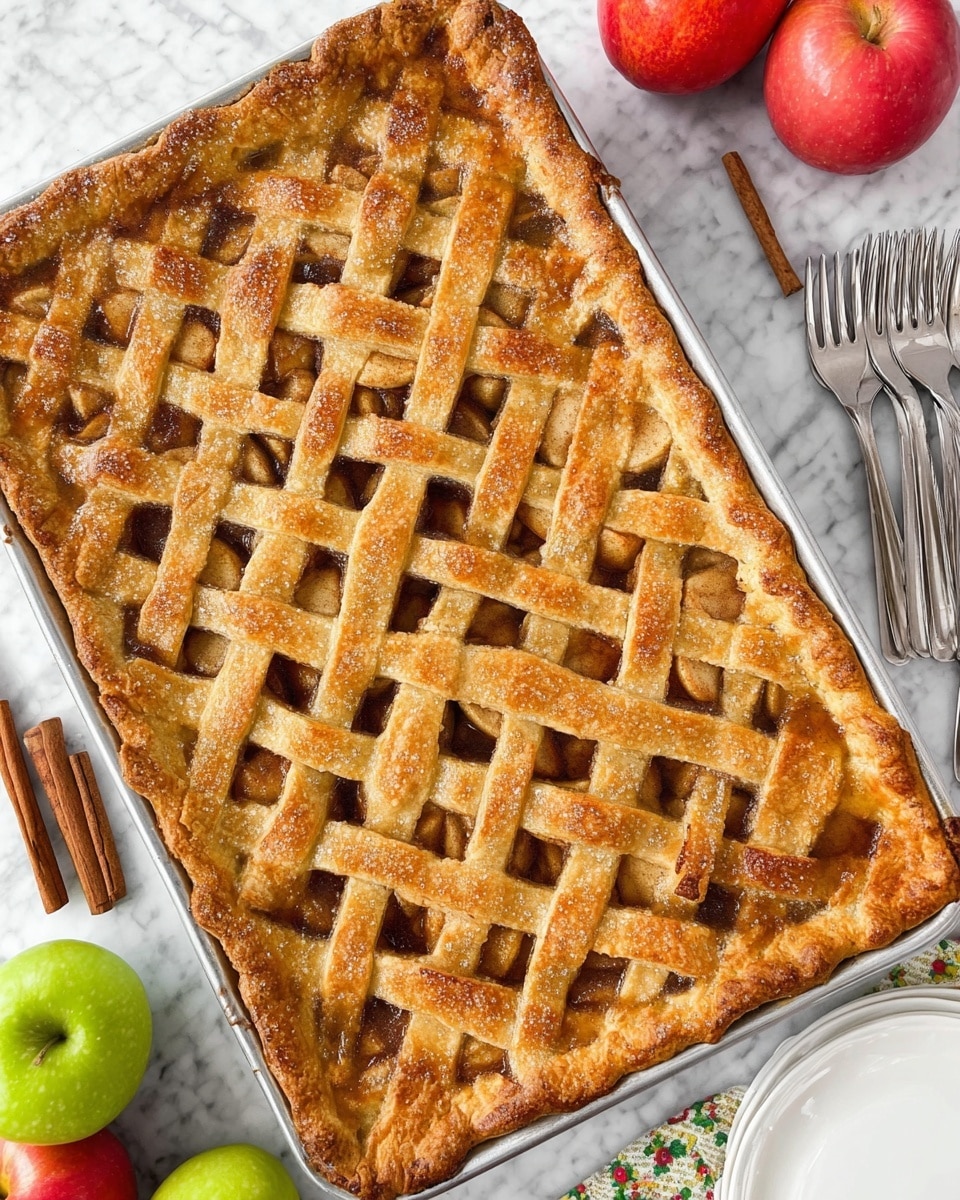 A rectangular apple pie with a golden-brown lattice crust on top, showing thick strips of dough arranged in a crisscross pattern. The crust has a slightly shiny texture with sprinkled sugar giving a light sparkle. Through the lattice, you can see the dark brown and soft cooked apple filling. The pie is in a metal baking tray placed on a white marbled surface, with whole red and green apples and cinnamon sticks around. In the corner, there is a white plate with three forks arranged side by side. Photo taken with an iphone --ar 4:5 --v 7