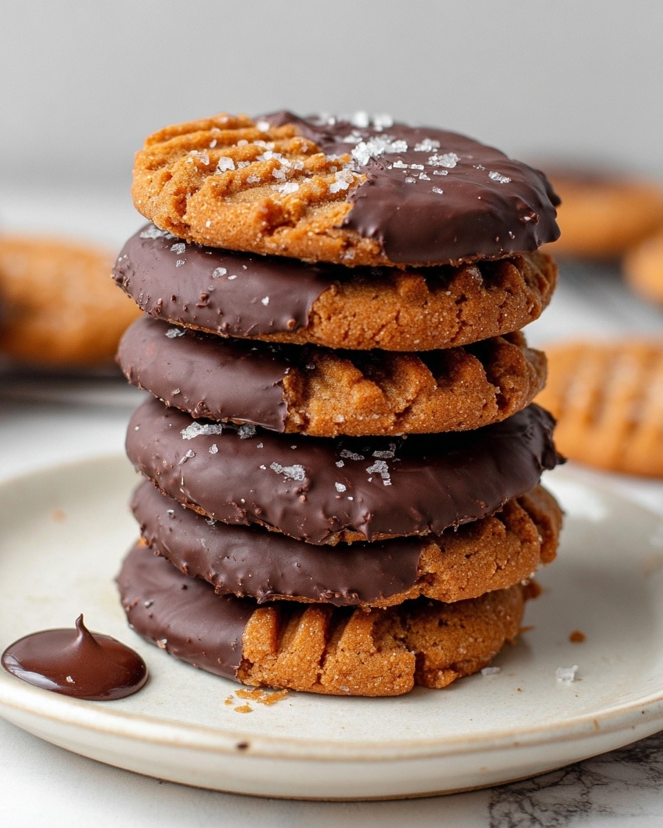 A stack of six cookies arranged on a white plate with a white marbled texture underneath. Each cookie has two layers: the bottom layer is a rough-textured chocolate coating with a dark, shiny surface sprinkled with a few salt flakes, while the top layer is a soft, light brown cookie with a criss-cross fork pattern and a slightly crumbly texture. The top cookie is half dipped in chocolate, showing a smooth contrast between the chocolate and cookie sides. Small amounts of salt crystals are scattered on the cookies, and there is a dark chocolate drop in the foreground on the white marbled surface. Photo taken with an iphone --ar 4:5 --v 7