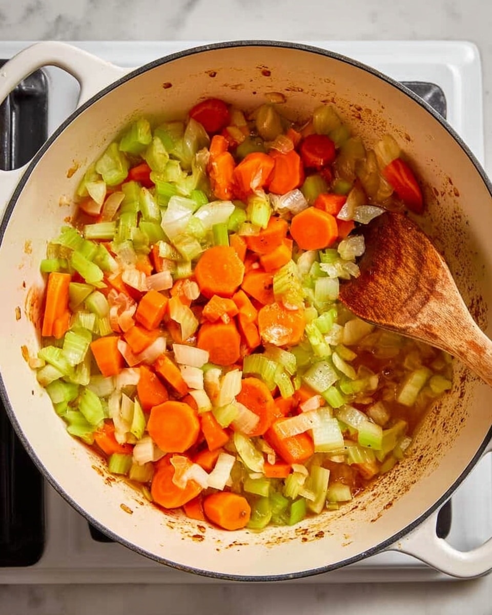 A white pot filled with a mix of cooked vegetables including bright orange carrot slices, light green celery pieces, and small white onion chunks, all lightly sautéed with a few browned bits sticking to the sides of the pot. A wooden spoon rests inside the pot on the right side, partially covered by the vegetables. The pot sits on a stove with a visible white marbled countertop. photo taken with an iphone --ar 4:5 --v 7