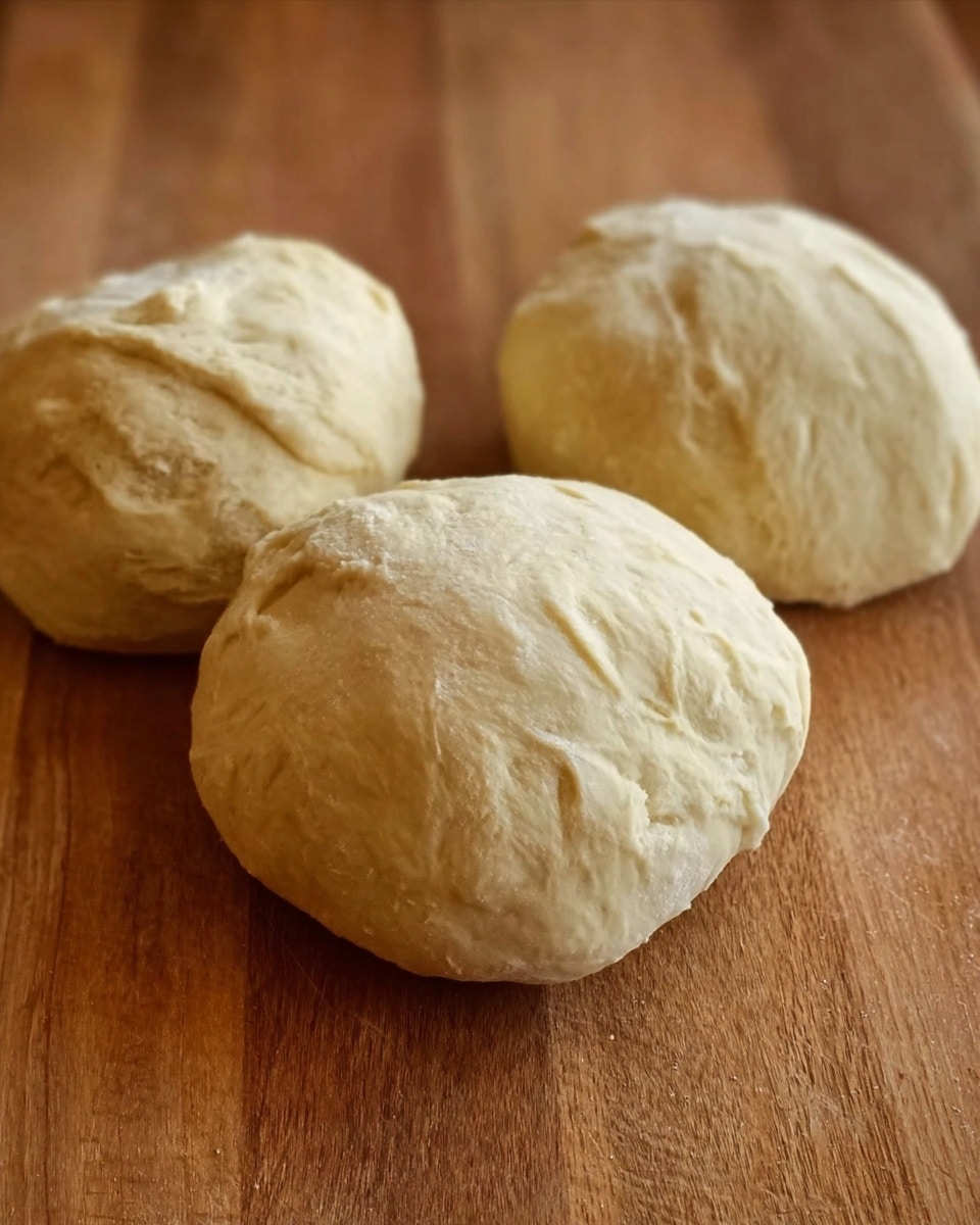 Three pale beige dough balls sit on a wooden surface, each with a slightly rough and uneven texture. The dough looks soft and puffy, with small folds and creases on their surfaces. The background is a warm brown wooden board with visible grain patterns. photo taken with an iphone --ar 4:5 --v 7