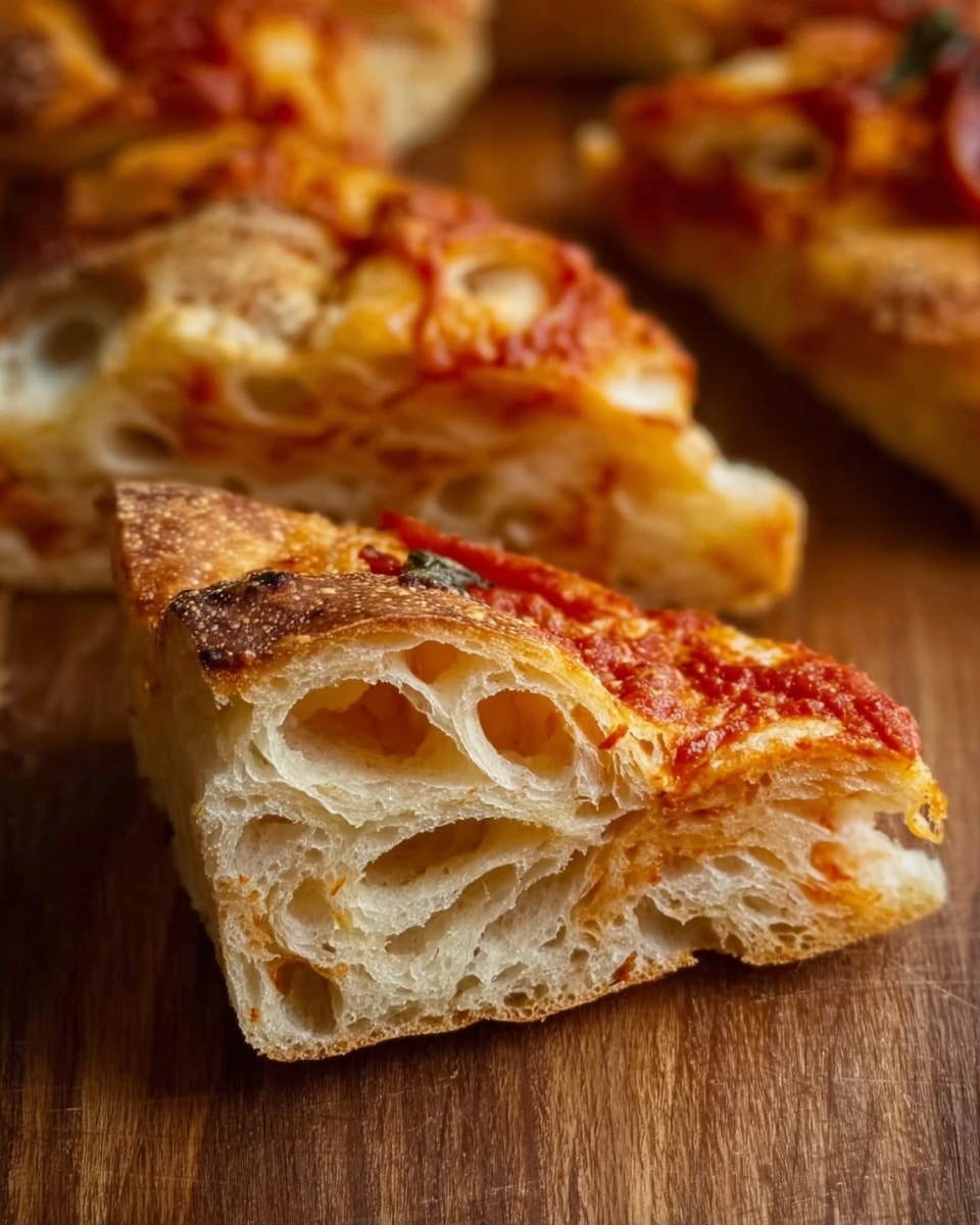 A close-up image of a slice of pizza with a thick crust, showing multiple airy layers in the dough that are light brown to golden in color. The crust has a slightly crisp edge with a soft, porous texture inside. The pizza slice is topped with red tomato sauce, spread thinly but clearly visible between the layers of dough. The slice rests on a wooden surface with other pieces of the pizza nearby, showing similarly layered crusts. The lighting highlights the fluffy, bubbled texture of the bread next to the smooth sauce. Photo taken with an iphone --ar 4:5 --v 7