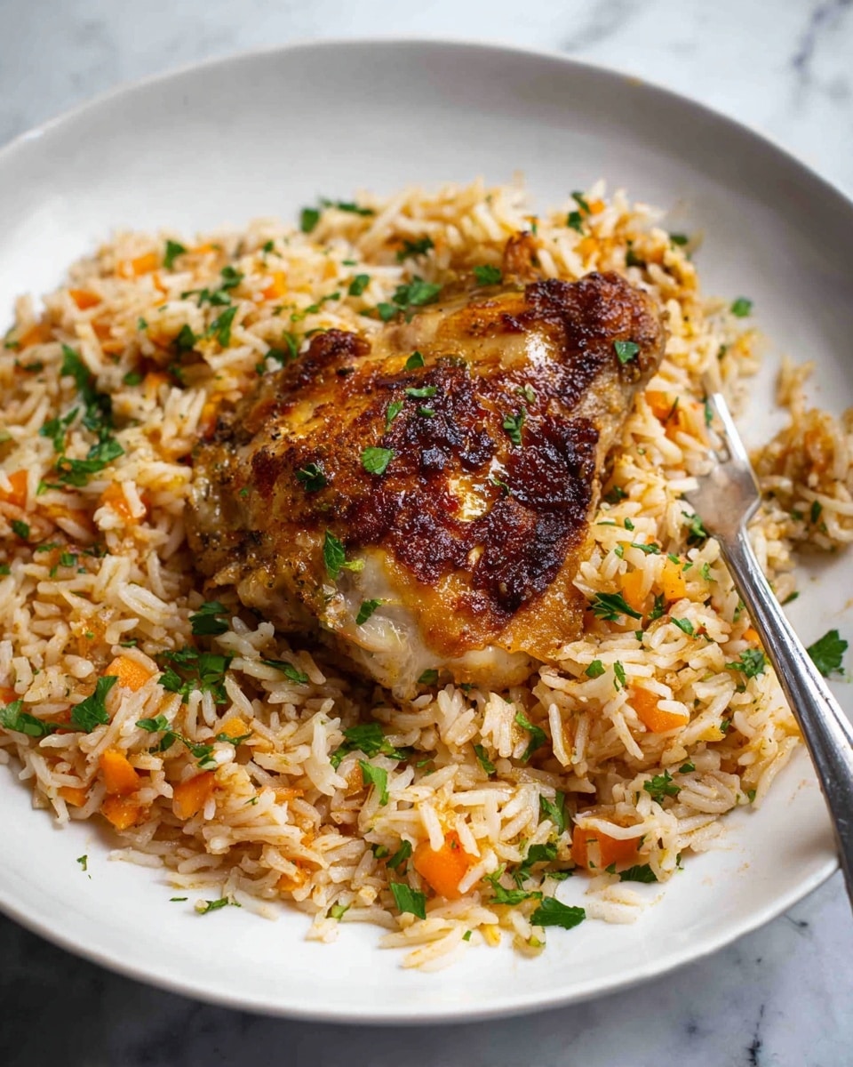 A single piece of browned chicken with crisp skin sits on top of a bed of cooked rice mixed with small orange carrot pieces and green herbs, all placed in a white plate. The rice looks moist and slightly shiny with light brown and orange tones, while the chicken has darker areas showing the cooked crust. Some finely chopped green herbs are sprinkled on both the rice and chicken. A silver fork rests on the right side of the plate, partially on the rice. The background is a white marbled texture. photo taken with an iphone --ar 4:5 --v 7