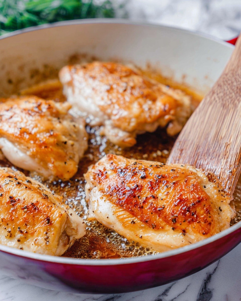 The image shows four pieces of golden-brown chicken cooking in a white pan, each piece having a crispy light brown surface with black pepper specks scattered on top. The chicken pieces are thick and juicy, surrounded by bubbling, caramelized oil with rich reddish-brown color on the pan's base. A wooden spatula is placed in the pan, touching a chicken piece on the right side, showing gentle texture and natural wood grain. The background is a white marbled surface with some green blurred shapes in the upper left corner. photo taken with an iphone --ar 4:5 --v 7