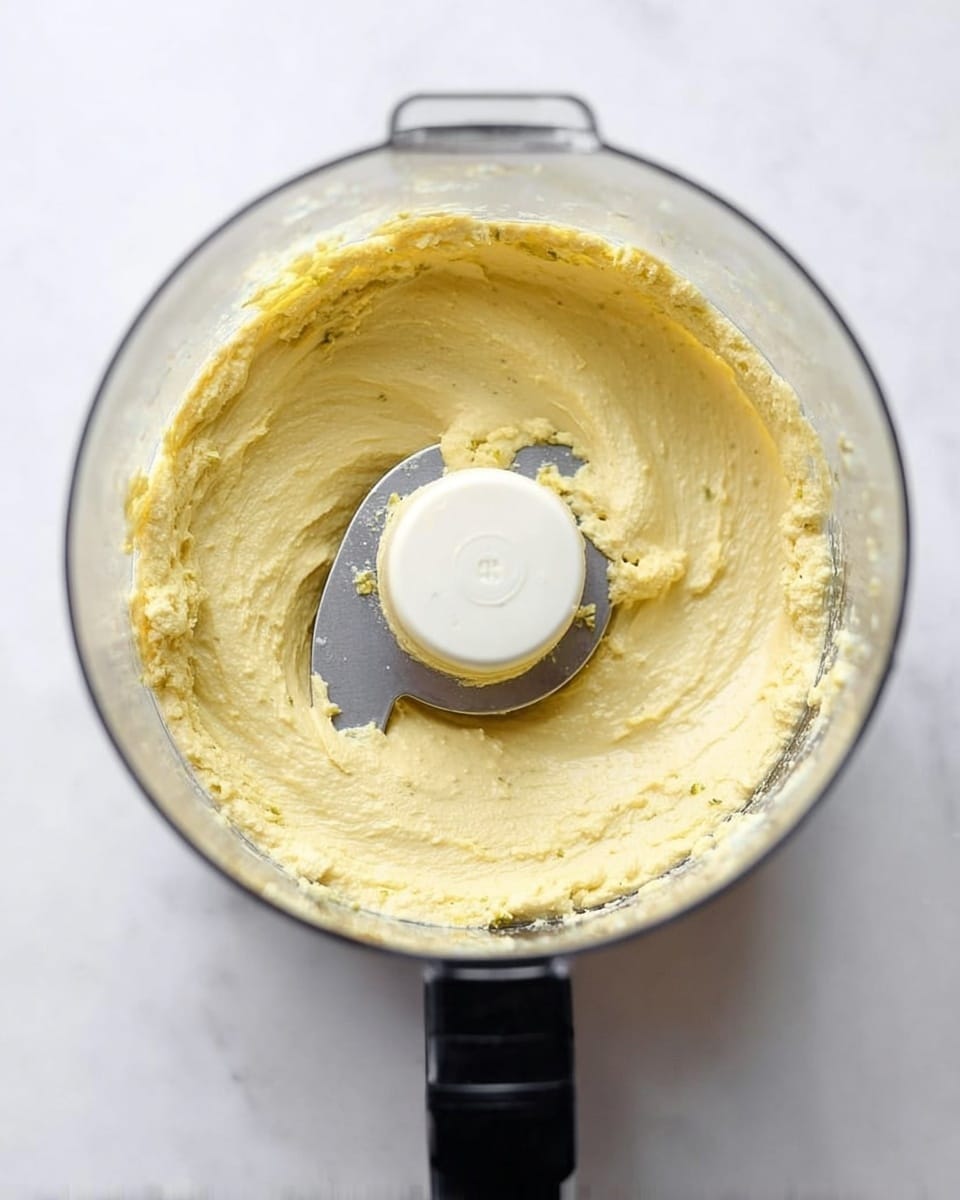 A clear food processor bowl filled with a thick, creamy, light yellow mixture that has a smooth texture with small bits showing inside. The mixture forms a ring around the central white blade, with a slightly uneven surface. The bowl sits on a white marbled surface, and the black handle is visible at the top. Photo taken with an iphone --ar 4:5 --v 7
