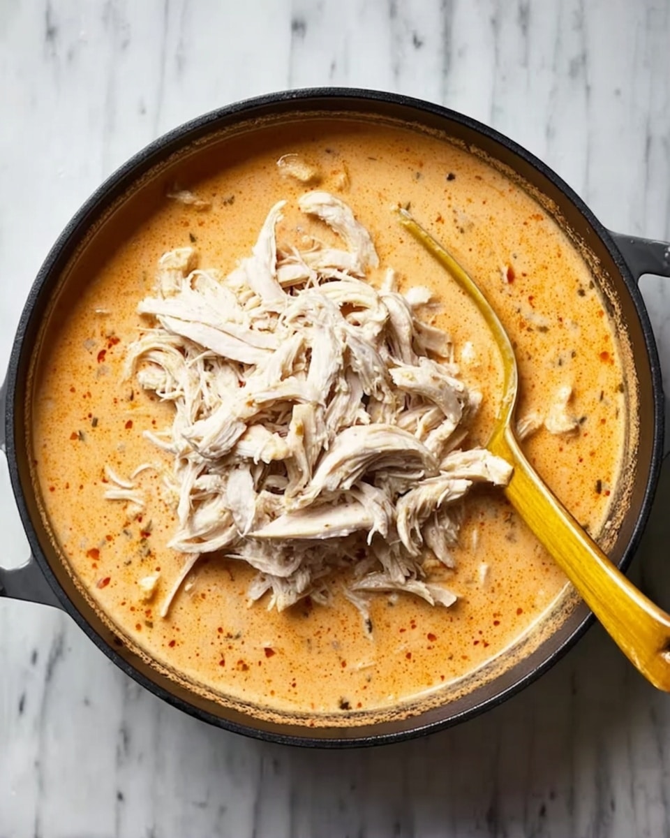 A black pan filled with a thick, creamy orange sauce layered evenly, with shredded white chicken piled in the center on top of the sauce. A yellow spoon is partially submerged in the sauce on the right side of the pan. The pan sits on a white marbled surface. photo taken with an iphone --ar 4:5 --v 7