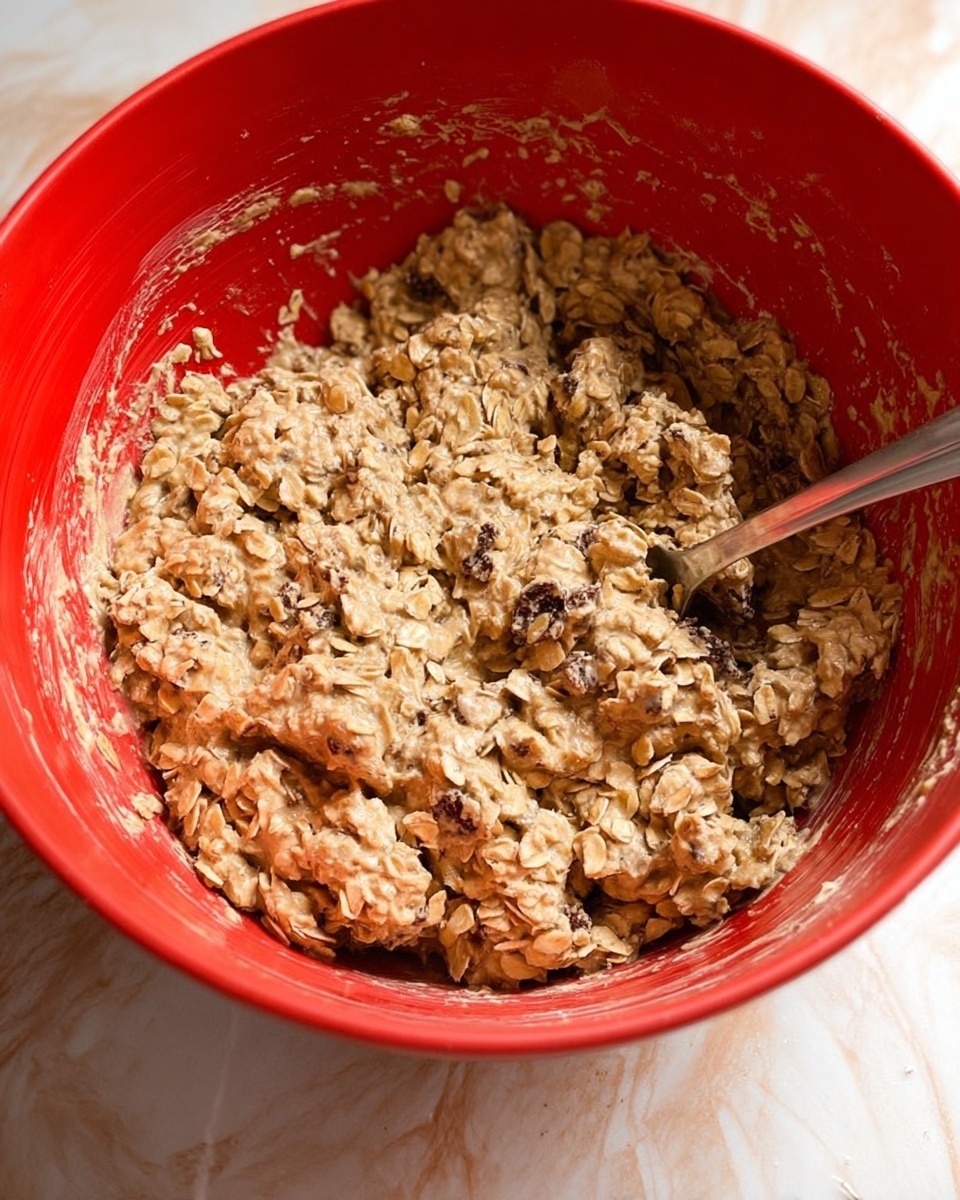 A close-up view of a red mixing bowl filled with a thick, light brown mixture made of oats and small dark chunks, showing a rough, chunky texture. A metal spoon sticks out from the right side of the bowl, partially covered in the mixture. The background surface is a white marbled texture. Photo taken with an iphone --ar 4:5 --v 7
