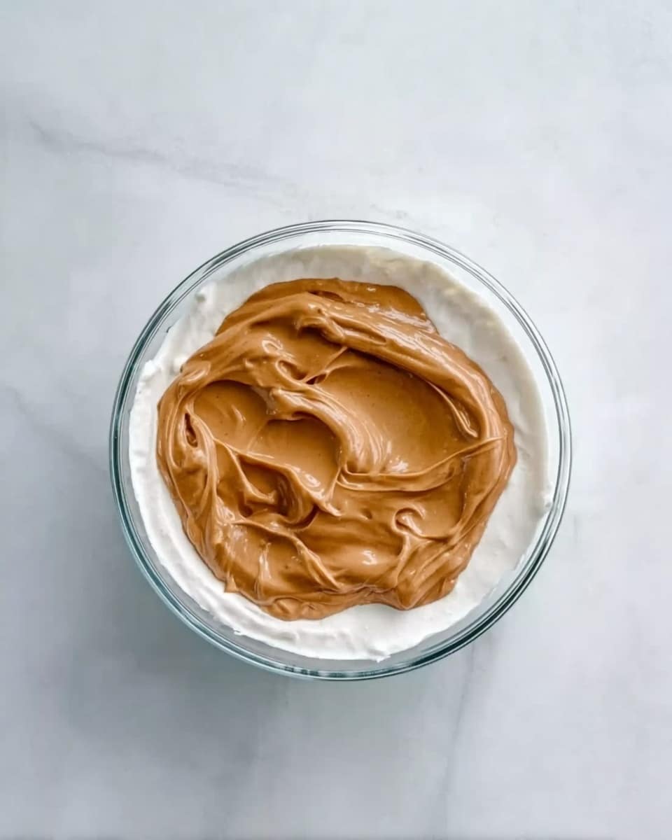 A clear glass bowl sits on a white marbled surface. Inside, a thick layer of white cream covers the bottom, and on top of it, there is a smooth, glossy brown peanut butter layer spread unevenly, showing soft swirls and peaks. The edges of the layers blend slightly where they meet. photo taken with an iphone --ar 4:5 --v 7
