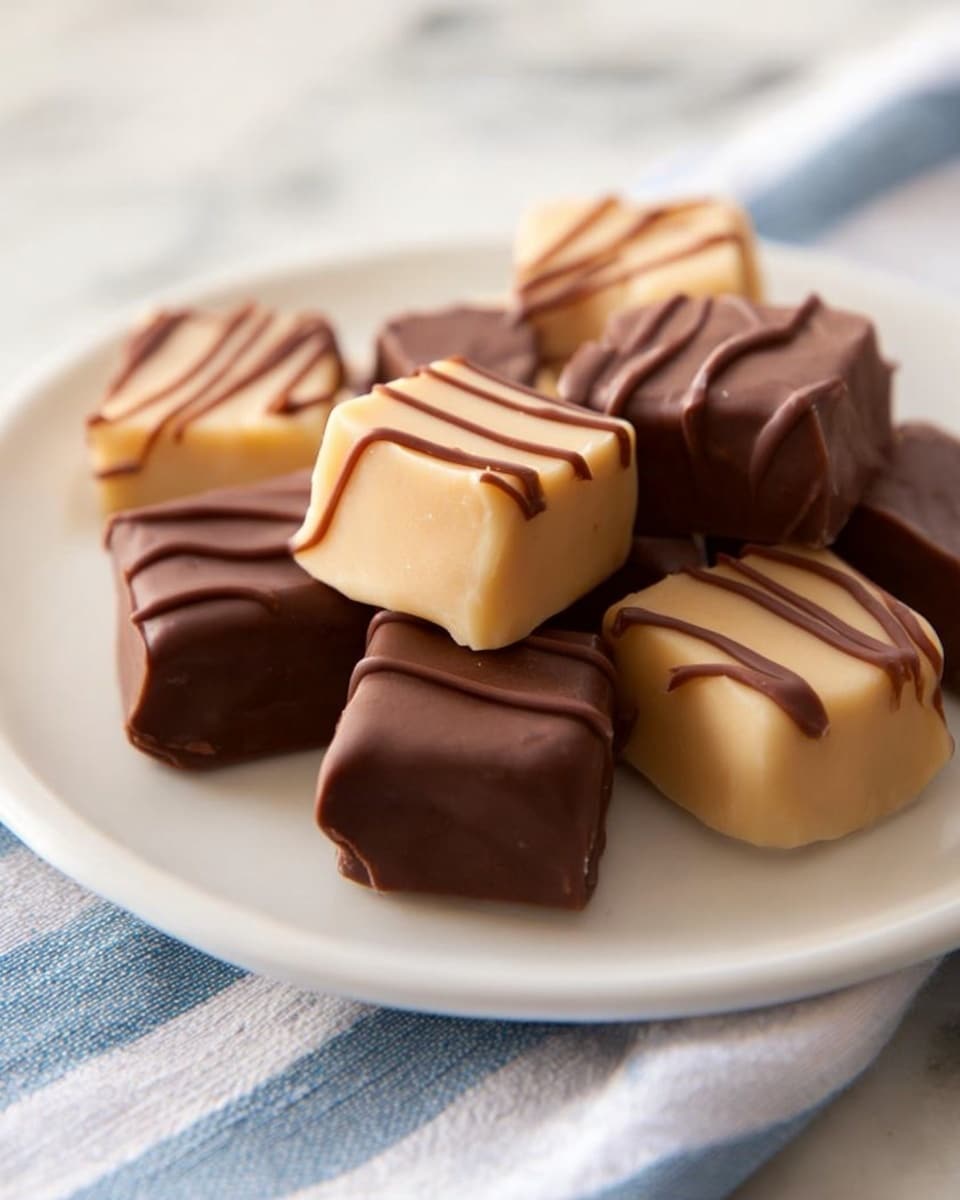 The image shows a white plate holding five square-shaped chocolates with smooth surfaces. Three of the chocolates are dark brown with a plain, glossy finish, positioned near the center and right side of the plate. The other two chocolates are creamy beige with a few clean, thin dark brown drizzles on top, placed near the left side of the plate. The plate rests on a white marbled surface with a folded blue-and-white striped cloth partially visible on the left edge. Photo taken with an iphone --ar 4:5 --v 7
