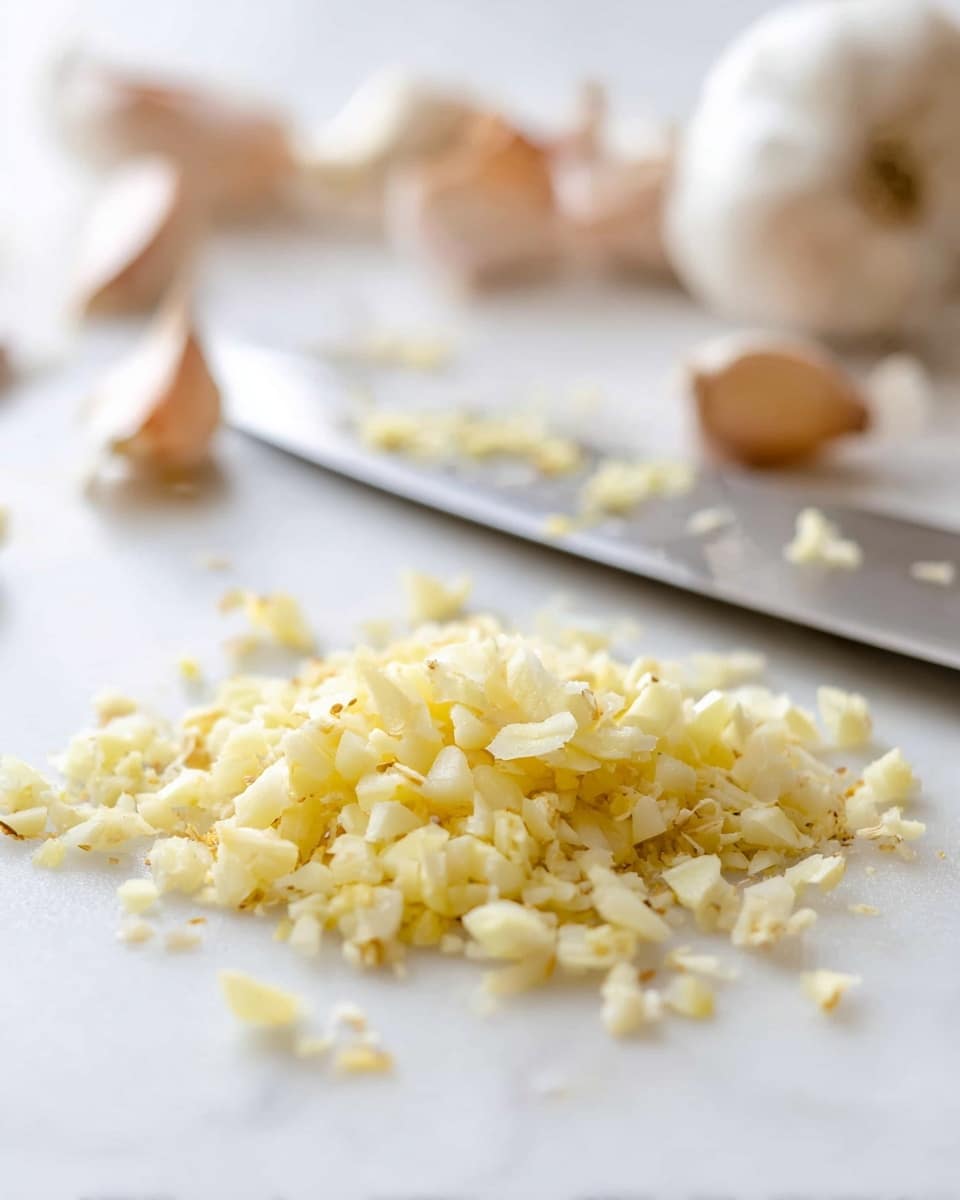 A close-up view of a small pile of finely chopped pale yellow garlic pieces spread on a white marbled surface. Behind the garlic, a shiny, sharp silver knife blade lies flat with tiny bits of garlic on it. In the soft-focus background, whole garlic cloves with light brown skins are scattered, adding depth to the image. The overall look is clean and fresh, with a bright and natural light. photo taken with an iphone --ar 4:5 --v 7