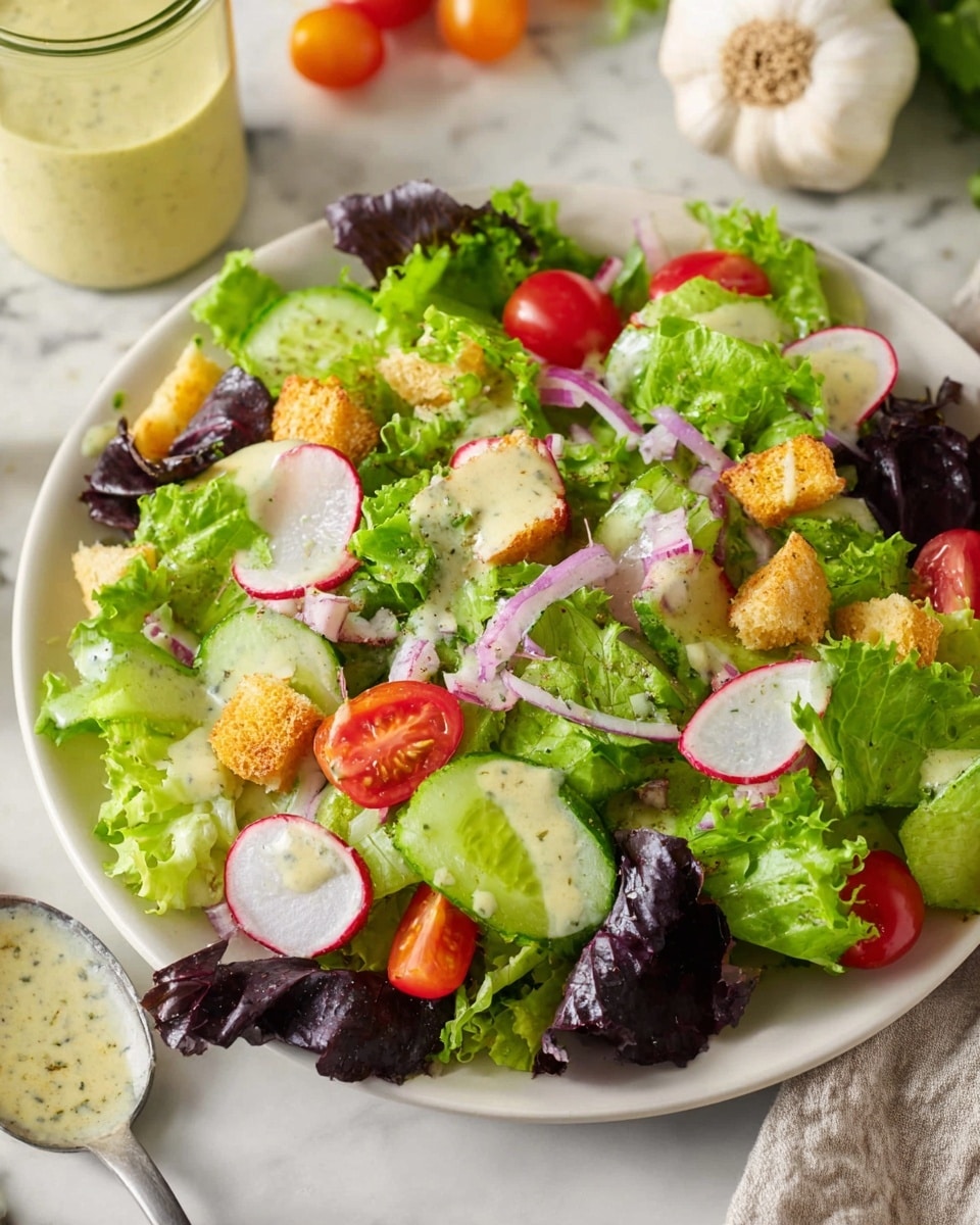 A white plate filled with a fresh salad made of green leafy lettuce, dark purple lettuce, and slices of light green cucumber. Bright red cherry tomatoes and thin slices of radish with white centers and red edges are scattered evenly on top. Small golden croutons sit on the salad, adding texture, with thin strips of purple onion mixed throughout. A creamy light-colored dressing is drizzled on the salad, giving it a slightly glossy look. The plate is on a white marbled surface, with garlic bulbs, a spoon with dressing, and a glass jar of dressing blurred in the background. Photo taken with an iphone --ar 4:5 --v 7