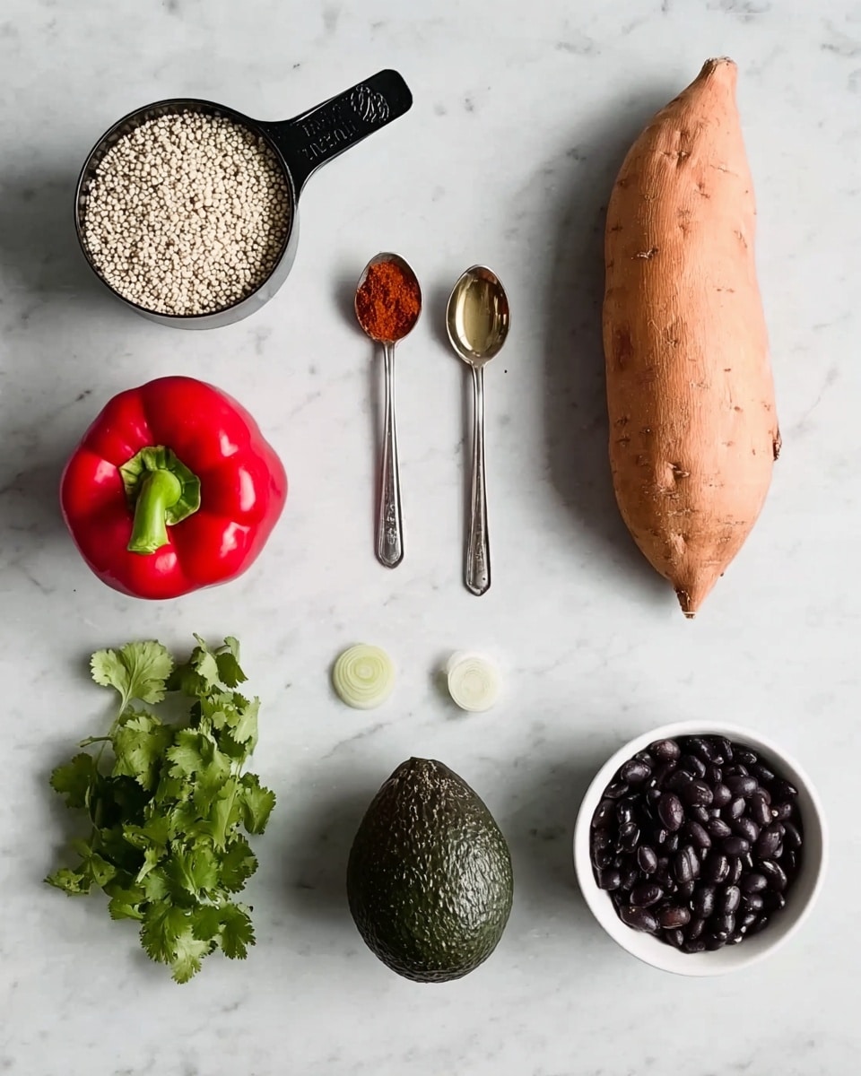 The image shows ingredients laid out on a white marbled surface in a neat grid pattern. On the top row, from left to right, there is a black measuring cup filled with small white beads (likely quinoa), a bright red bell pepper with a green stem, and a long, pale orange sweet potato. The middle row has two silver measuring spoons, one filled with a reddish spice and the other with a clear liquid, followed by a small piece of white onion. On the bottom row, there is a bunch of fresh green cilantro leaves on the left, two dark green avocados with rough skin in the middle, and a small white bowl filled with black beans on the right. The overall scene is bright and clean, emphasizing the freshness and natural colors of the ingredients. Photo taken with an iphone --ar 4:5 --v 7