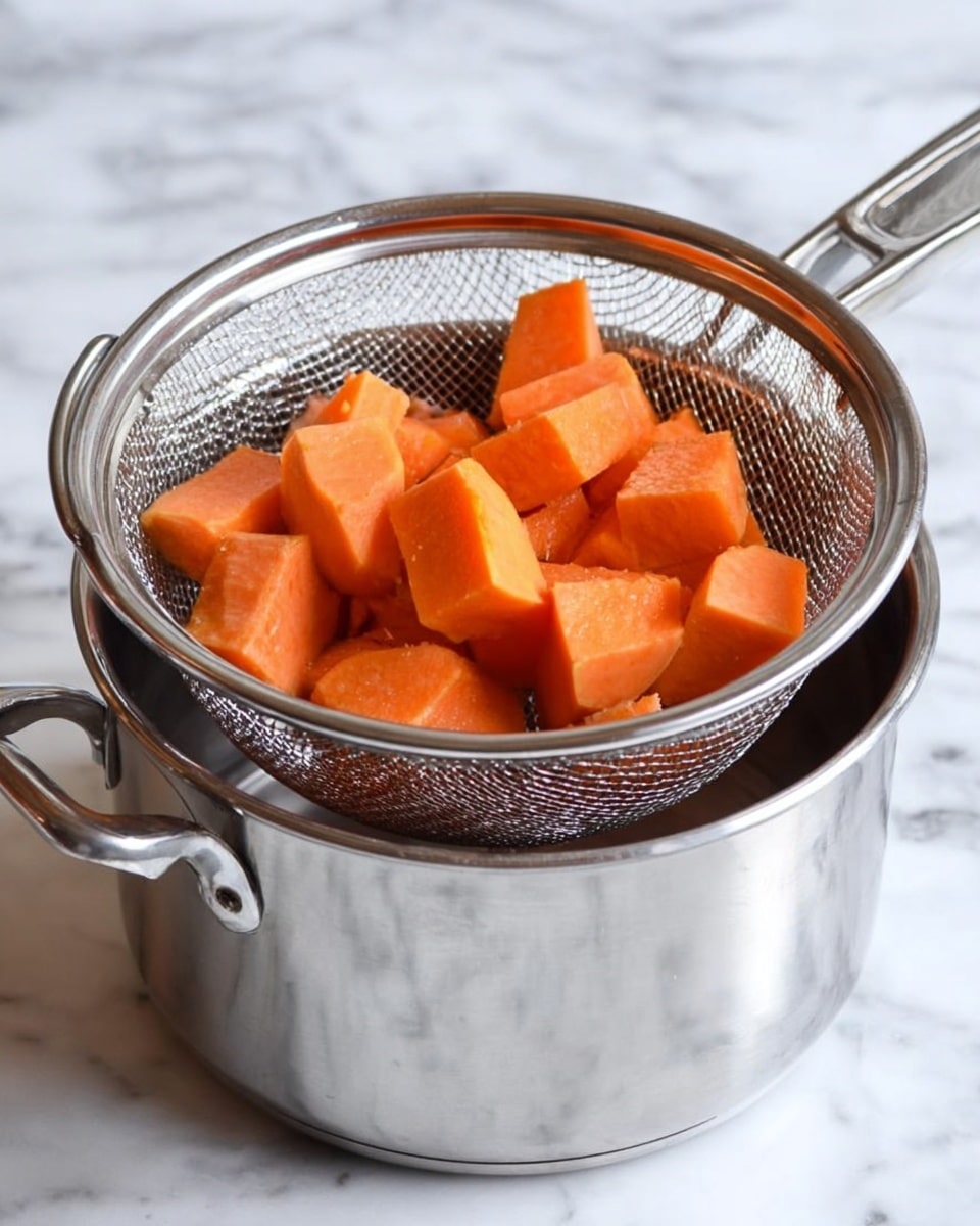 A shiny silver strainer filled with bright orange chunks of cooked sweet potatoes sits on top of a matching silver pot. The strainer and pot are placed on a surface with a white marbled texture, visible in the background. The sweet potato pieces are irregular in shape, with soft edges and a moist texture. Photo taken with an iphone --ar 4:5 --v 7
