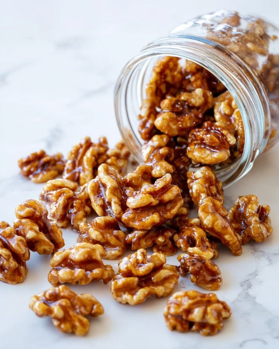A clear glass jar lies on its side on a white marbled surface, spilling a pile of shiny, caramel-coated walnuts in front of it. The walnuts are rich brown with a glossy, sticky texture that covers each piece unevenly, showing some lighter tan nut parts. The nuts are scattered loosely, with some closer to the jar's opening and others spread out, creating a natural, casual arrangement. photo taken with an iphone --ar 4:5 --v 7