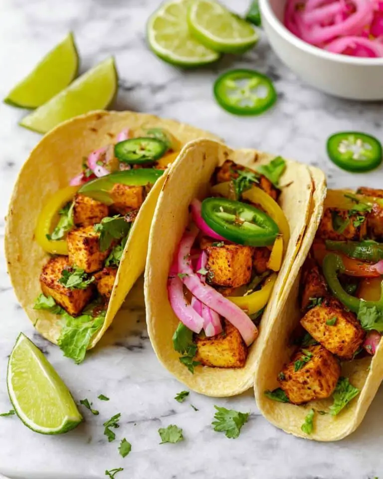 Crispy Tofu Tacos with Mushroom Fajitas and Veggie Toppings Recipe