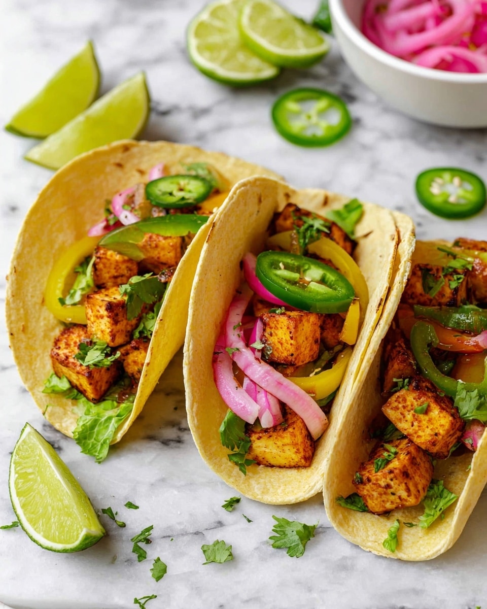 Crispy Tofu Tacos with Mushroom Fajitas and Veggie Toppings Recipe