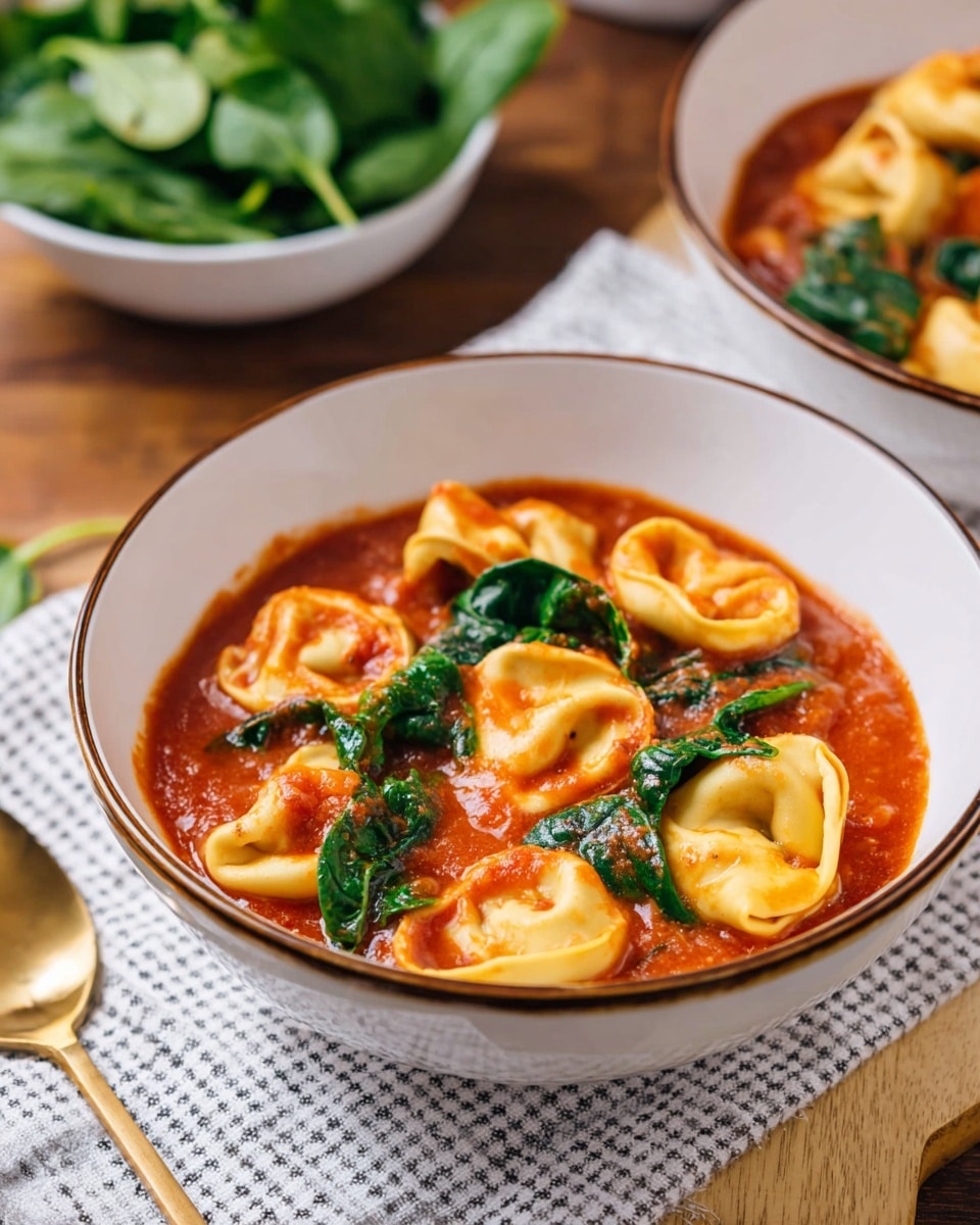 A white bowl with a thin brown rim holds a rich red tomato sauce filled with five yellow tortellini pasta pieces floating on top. Bright green spinach leaves are mixed in the sauce, adding a pop of color and texture contrast. The bowl is on a wooden surface with a white and black striped cloth next to it. Partially visible is another white bowl with more tortellini in tomato sauce and, in the background, a white bowl filled with fresh green spinach leaves. A golden spoon lies near the main bowl. The photo taken with an iphone --ar 4:5 --v 7