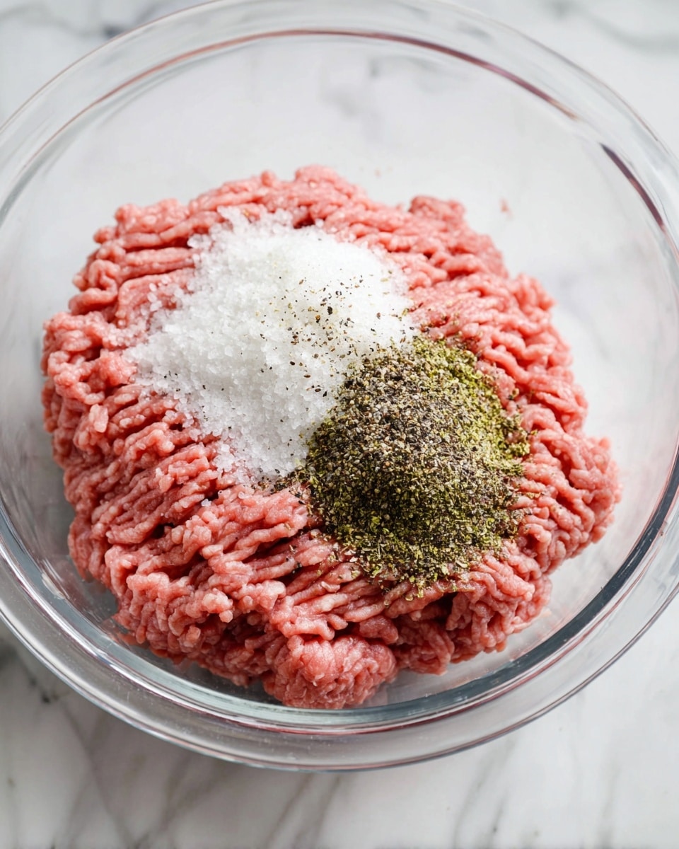 A clear glass bowl holds one main layer of pink ground meat with a soft, stringy texture filling the bowl. On top of the meat, two piles of seasonings sit close together: one pile is white coarse salt with a grainy texture, and the other is ground black pepper with a speckled, powdery look. The bowl is placed on a white marbled surface, and the bright, natural lighting highlights the freshness of the ingredients. photo taken with an iphone --ar 4:5 --v 7
