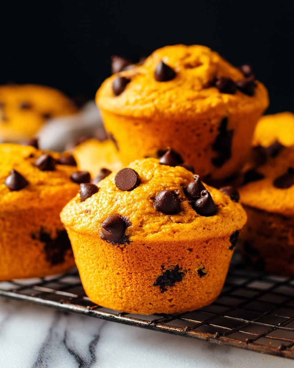 The image shows a close-up of several orange-colored muffins studded with dark chocolate chips scattered on top and embedded inside. The muffins have a soft, slightly rough texture with a rounded top, and the chocolate chips look shiny and smooth. The muffins rest on a black wire rack placed on a white marbled surface. The background is dark, which makes the bright orange muffins stand out clearly. photo taken with an iphone --ar 4:5 --v 7